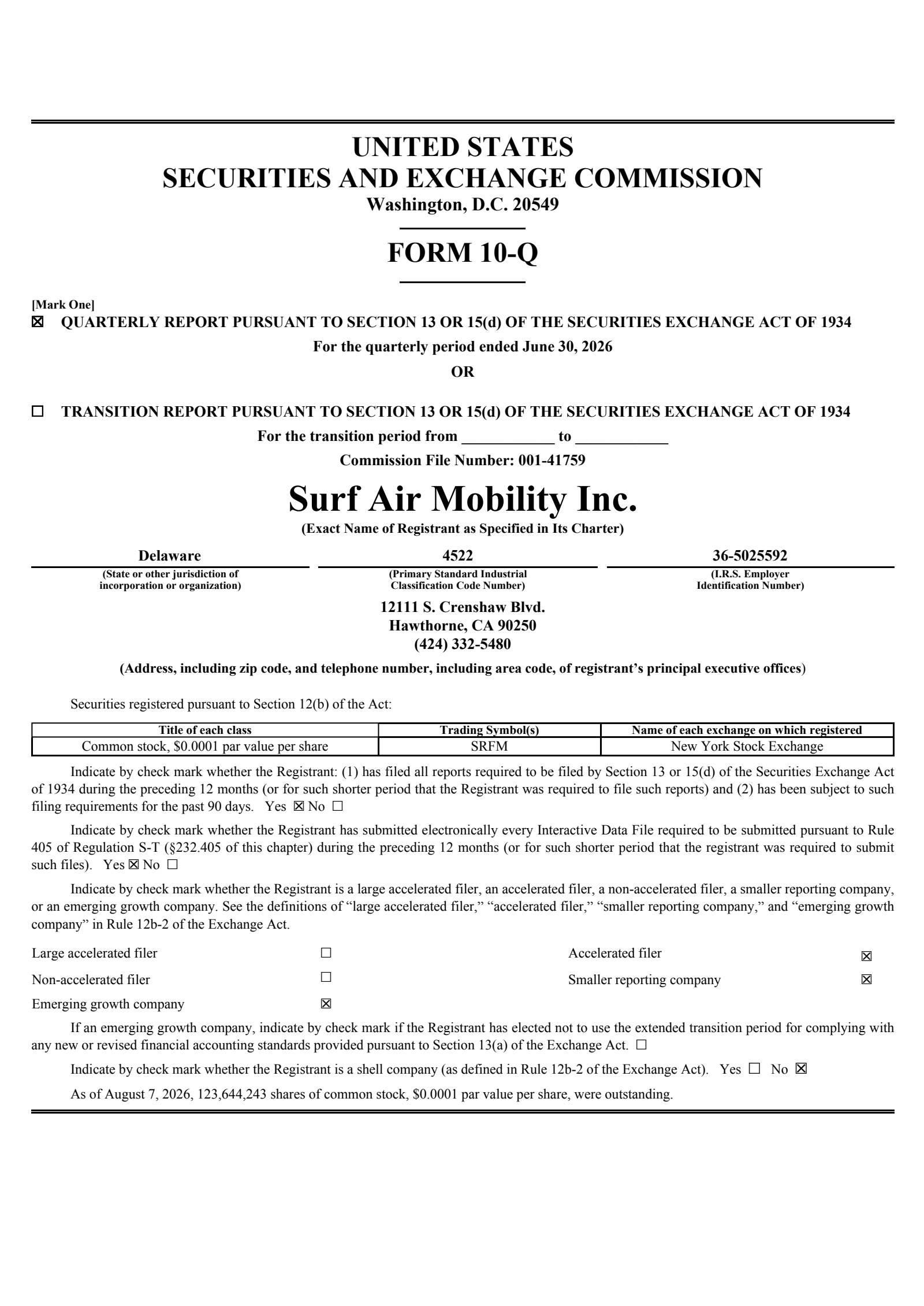 Surf Air Mobility's Q2 2026 Quarterly report