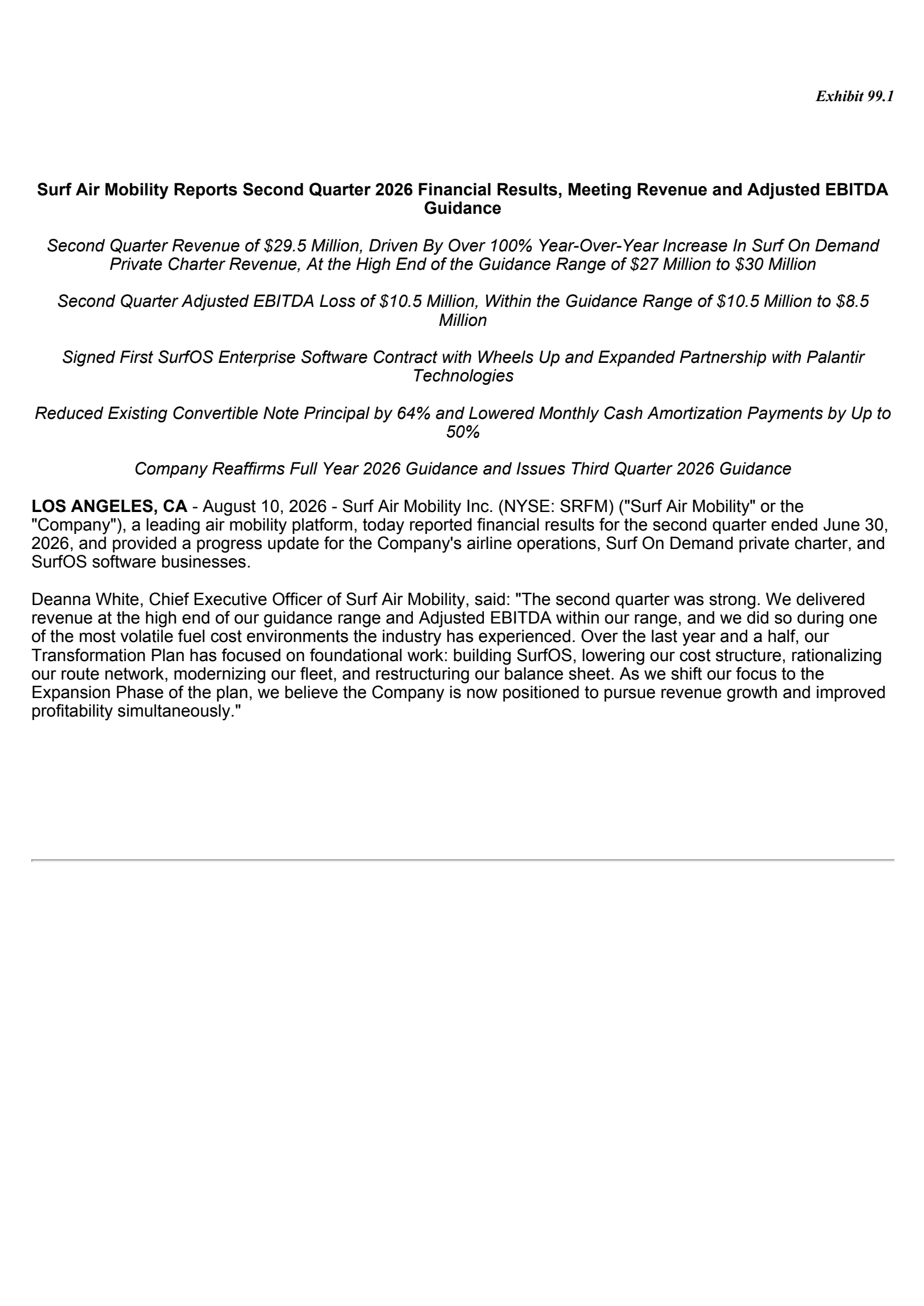Surf Air Mobility's Q2 2026 Press Release