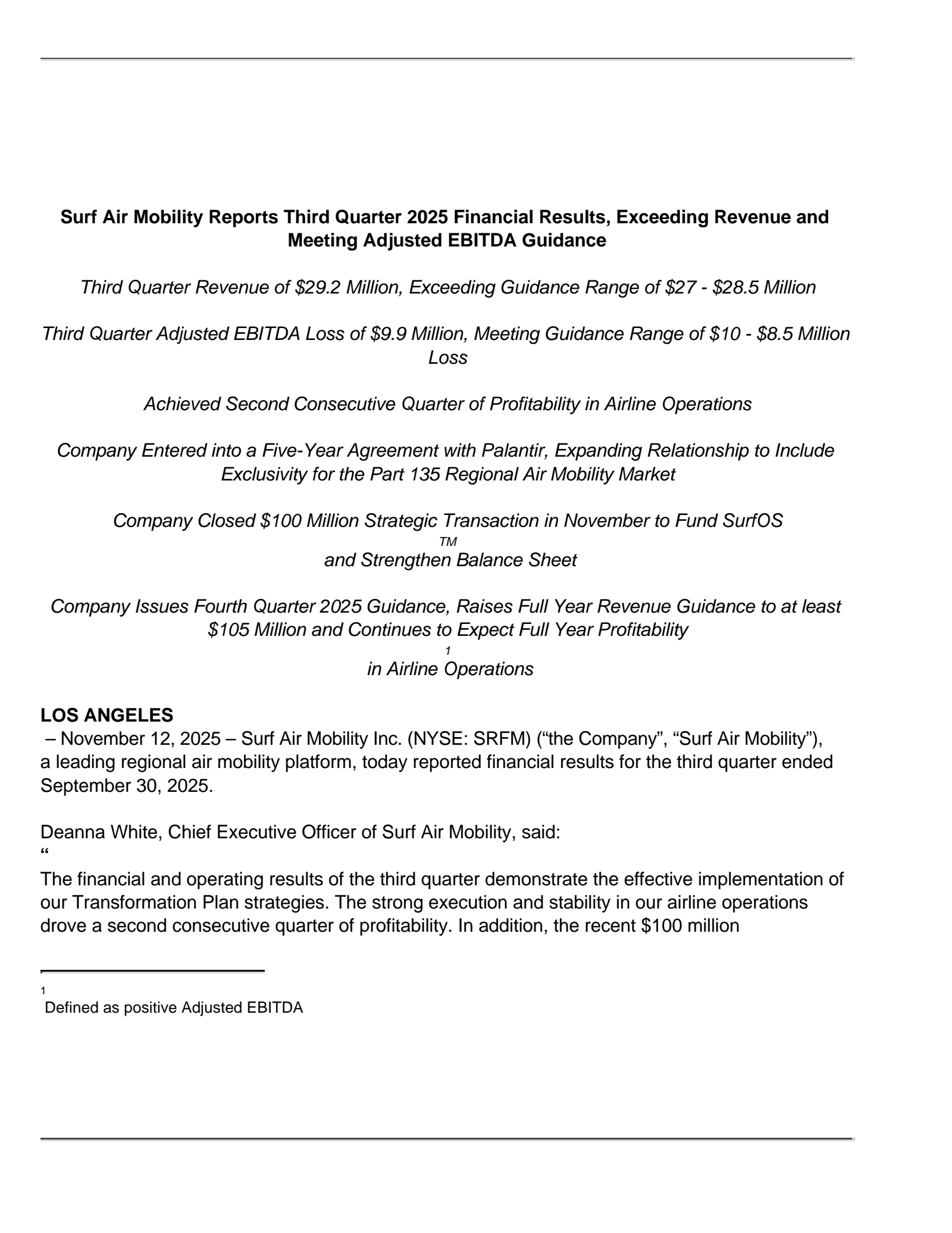Surf Air Mobility's Q3 2025 Earnings Release