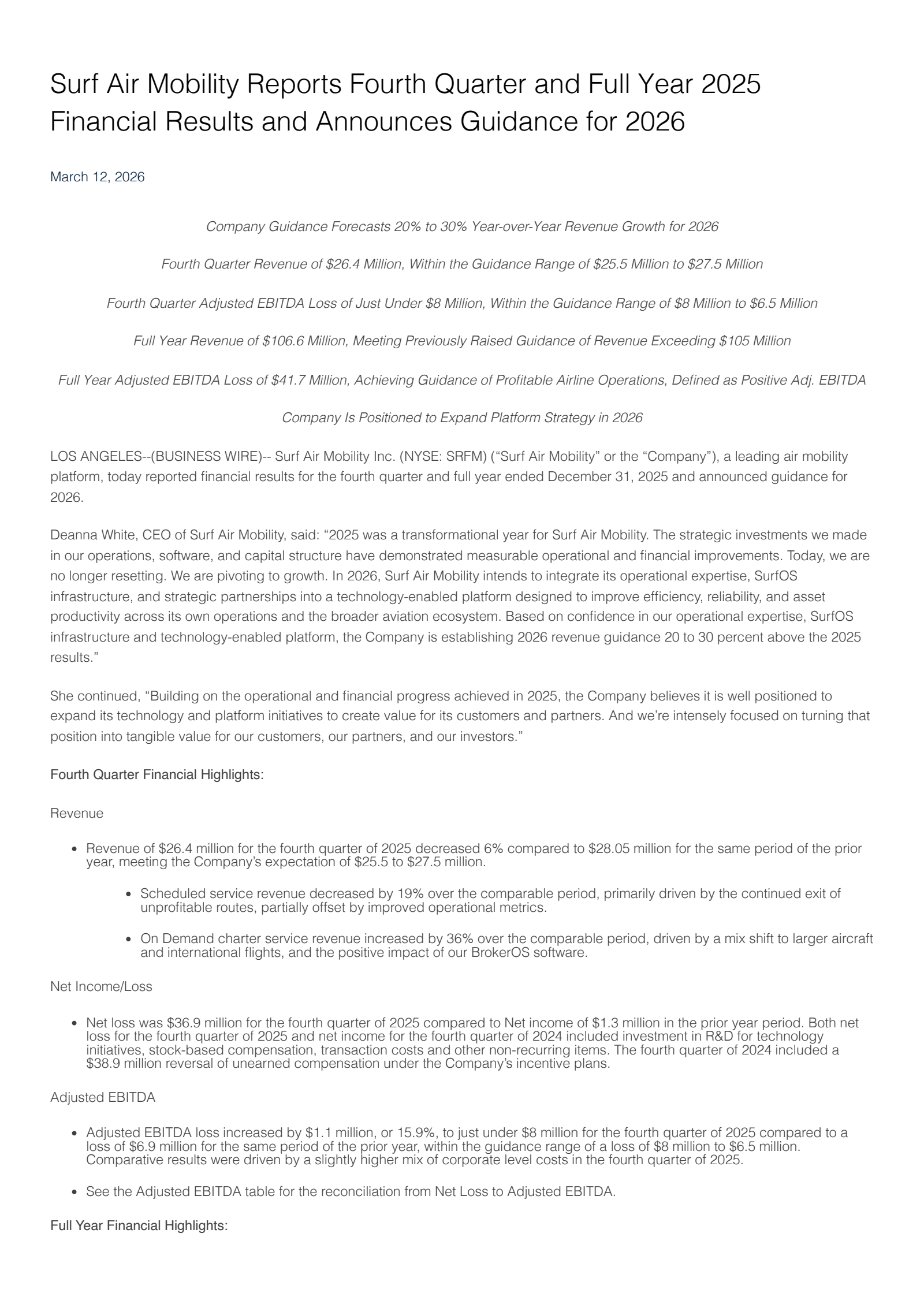 Surf Air Mobility's Q4 2025 Press Release