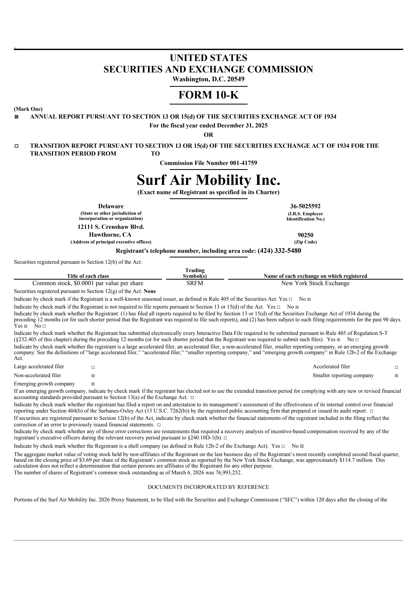Surf Air Mobility's Q4 2025 Annual report