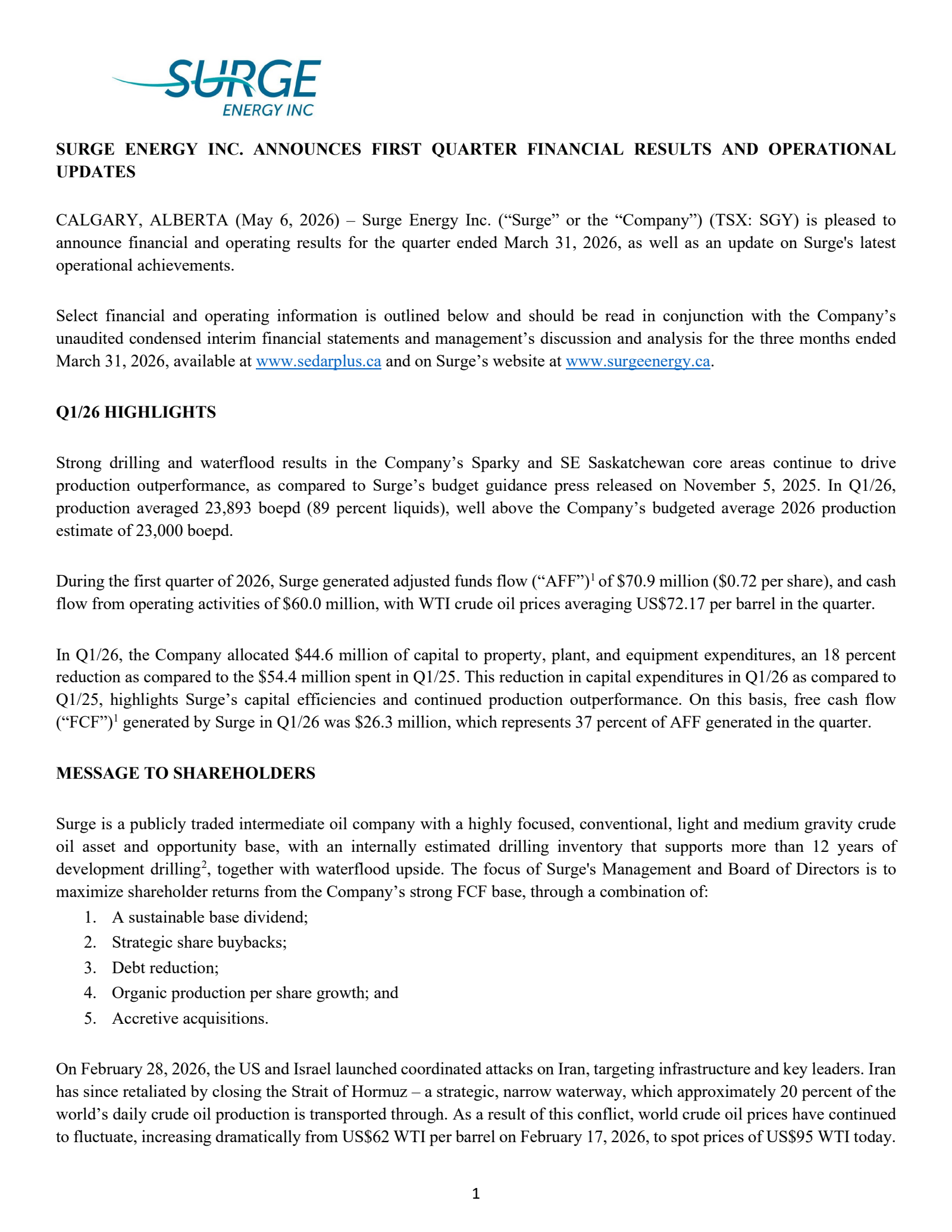 Surge Energy's Q1 2026 Press Release