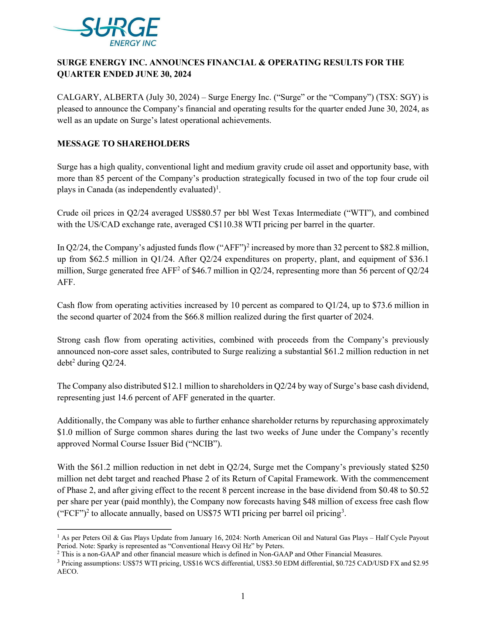 Surge Energy's Q2 2024 Press Release