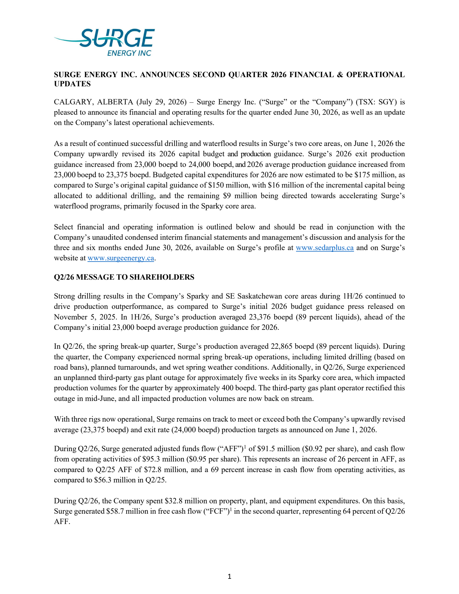 Surge Energy's Q2 2026 Press Release