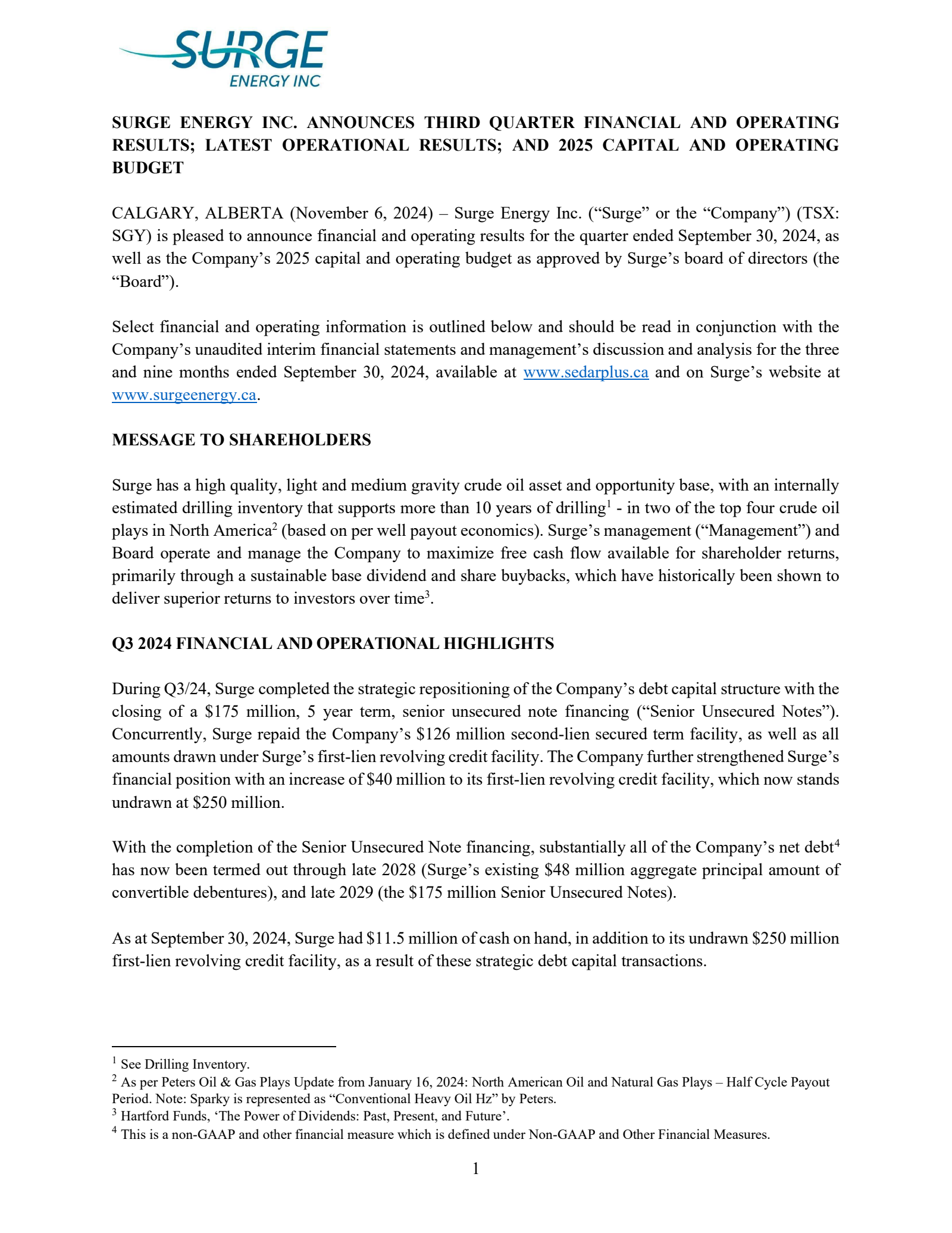 Surge Energy's Q3 2024 Press Release