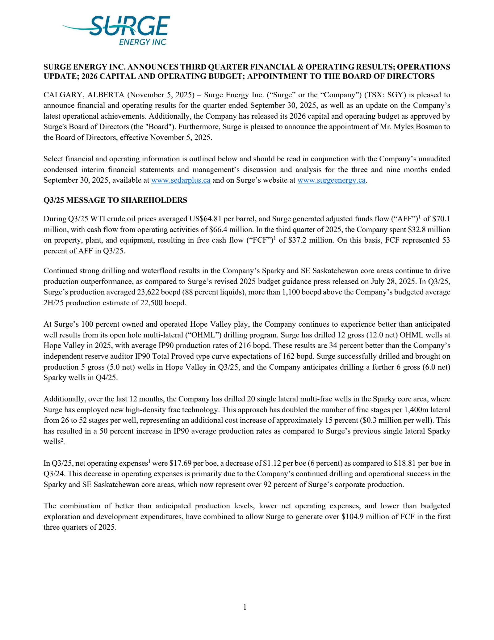 Surge Energy's Q3 2025 Press Release