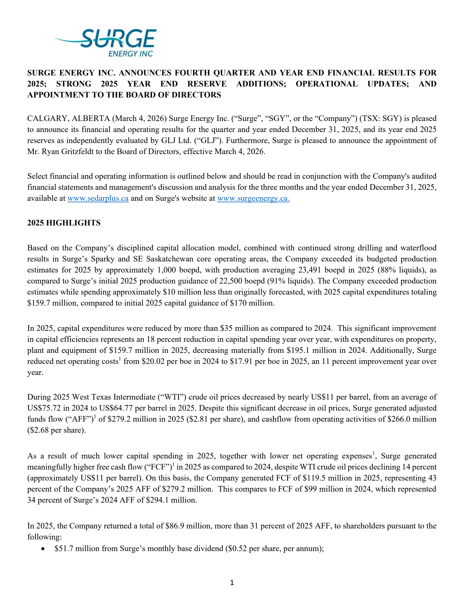 Surge Energy's Q4 2025 Press Release