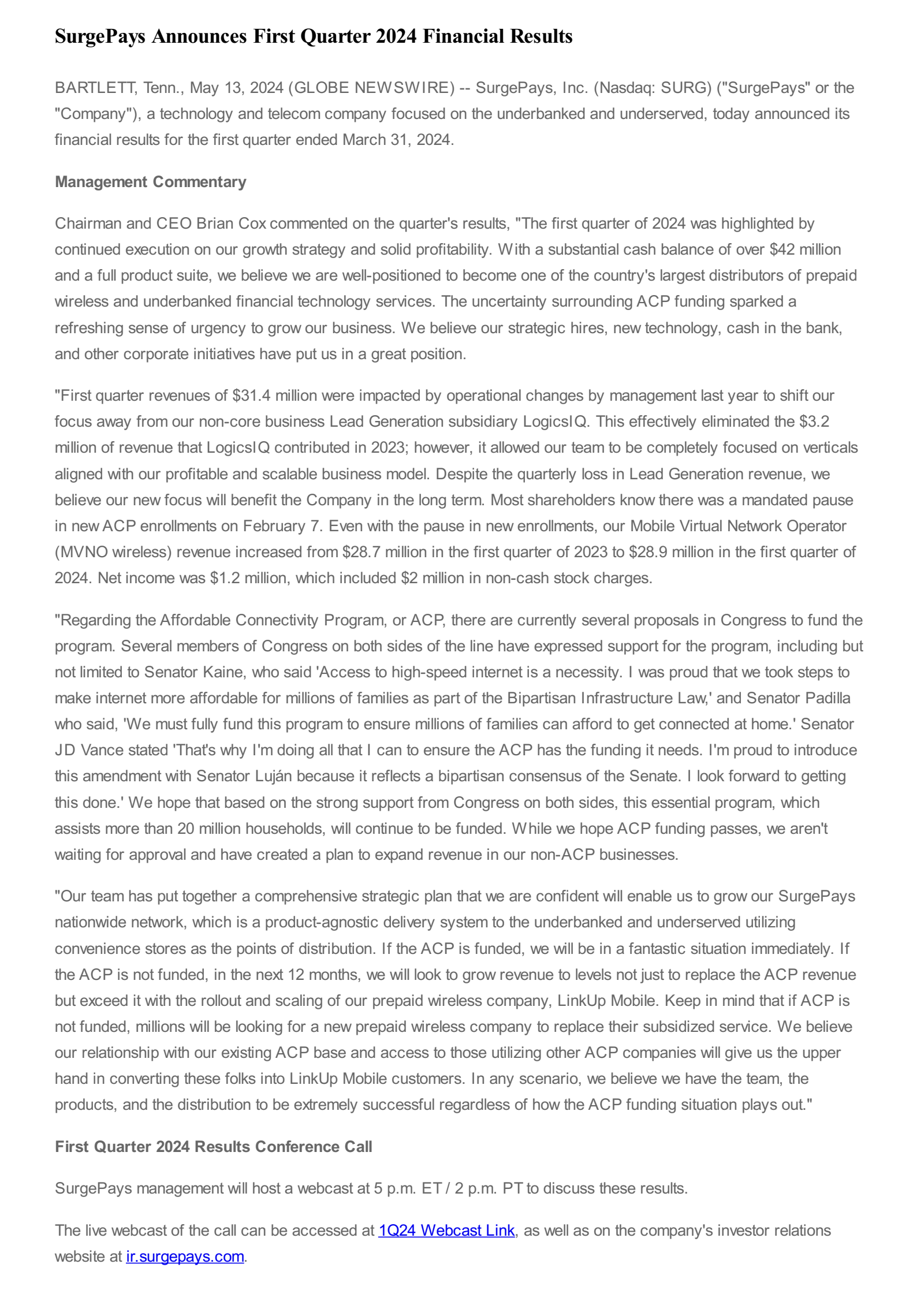 SurgePays' Q1 2024 Press Release