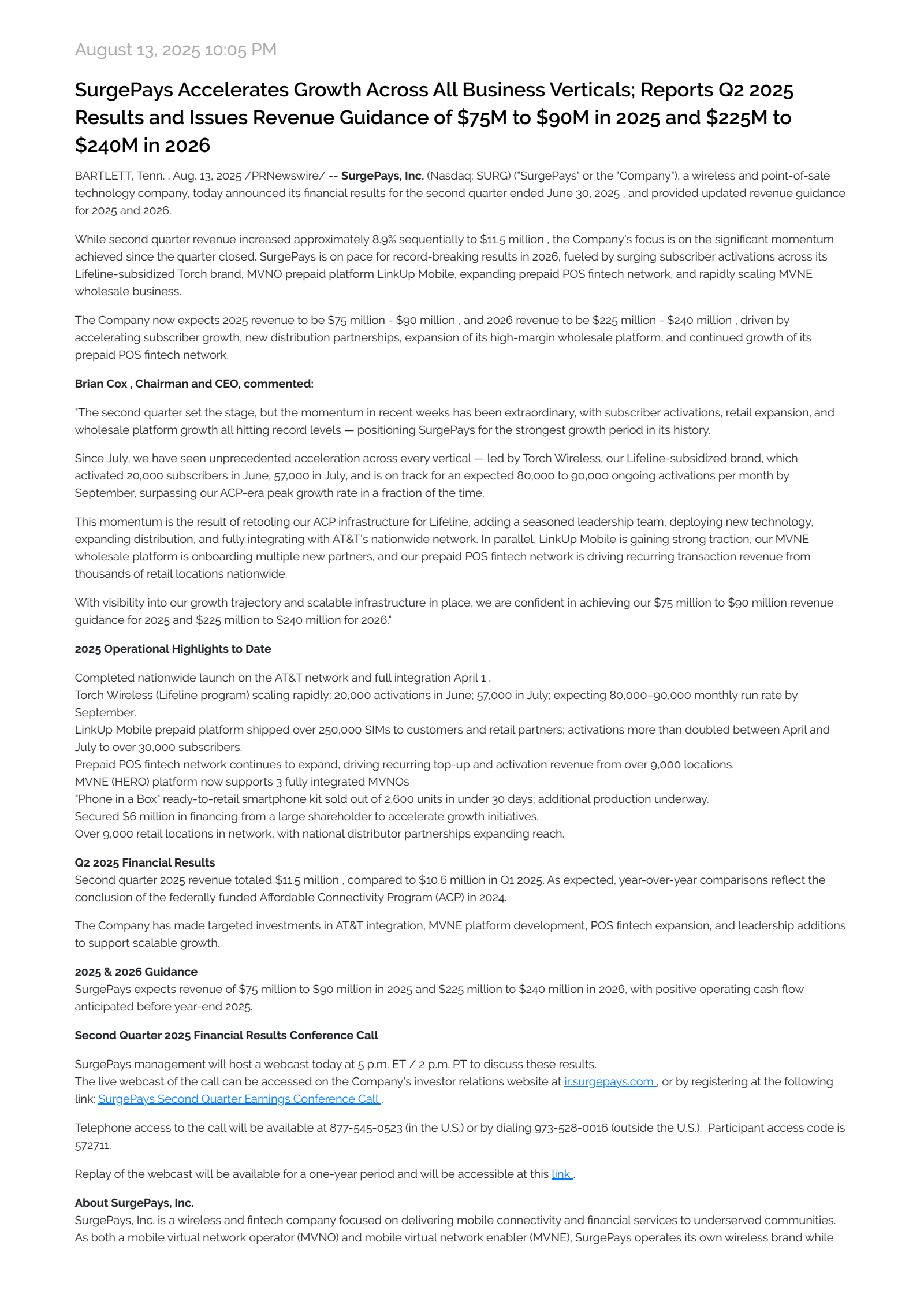 SurgePays' Q2 2025 Press Release