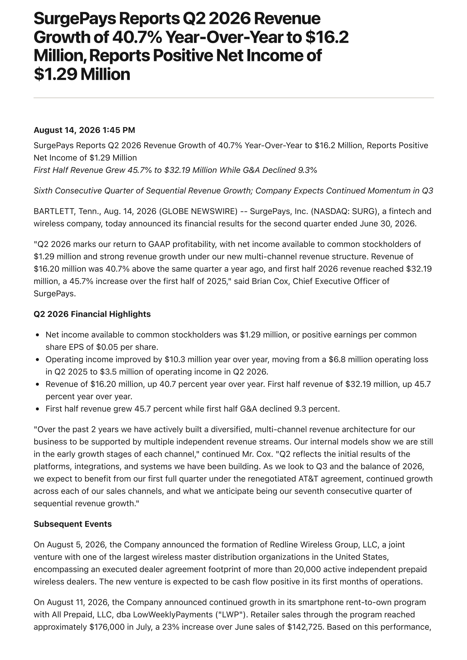 SurgePays' Q2 2026 Press Release