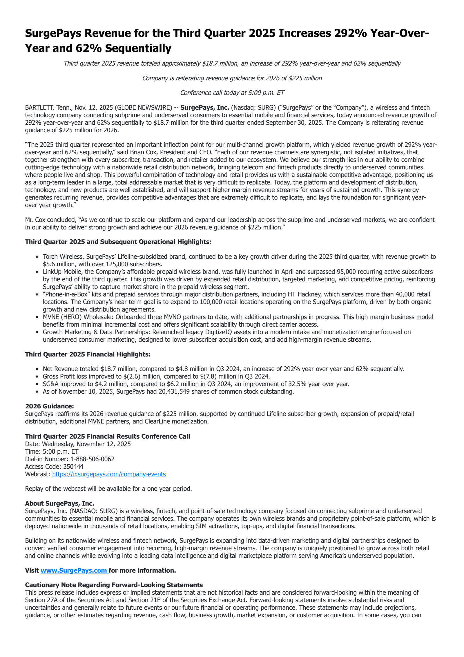 SurgePays' Q3 2025 Earnings Release