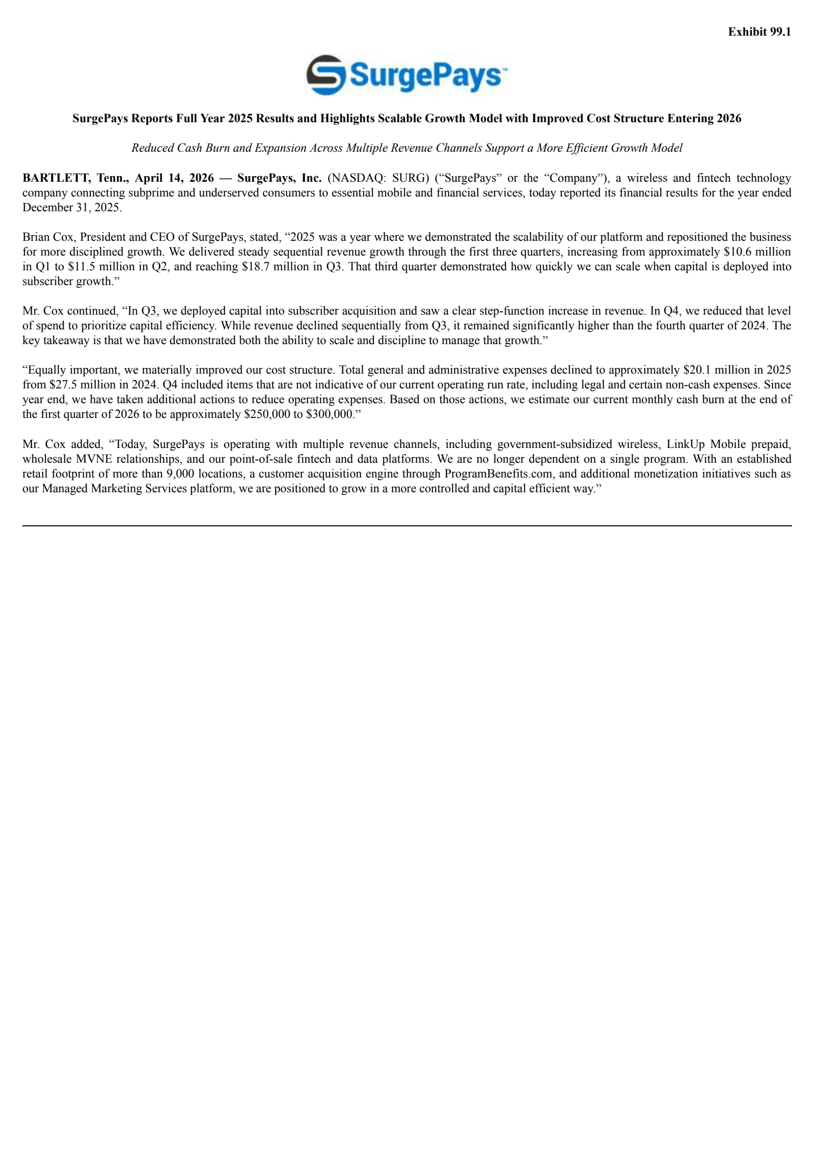 SurgePays' Q4 2025 Press Release