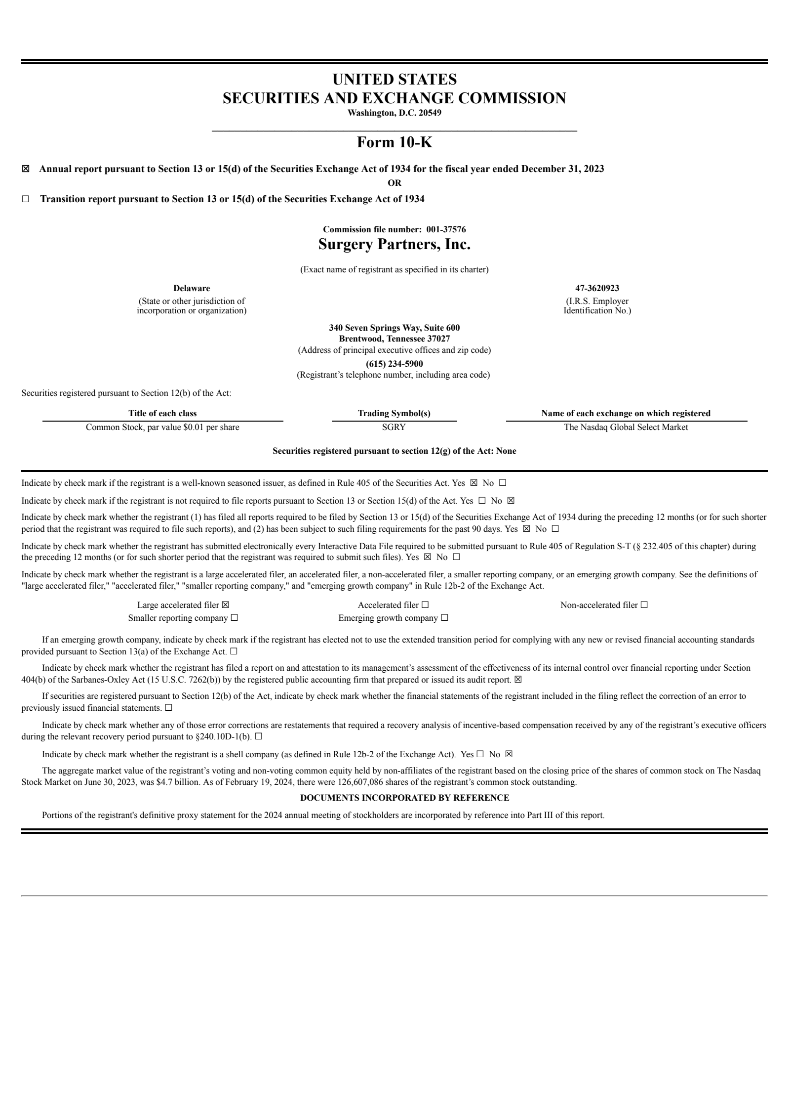 Surgery Partners' Q4 2023 Annual report