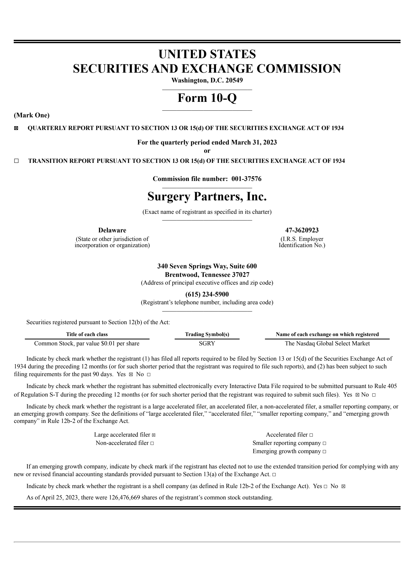 Surgery Partners' Q1 2023 Quarterly report
