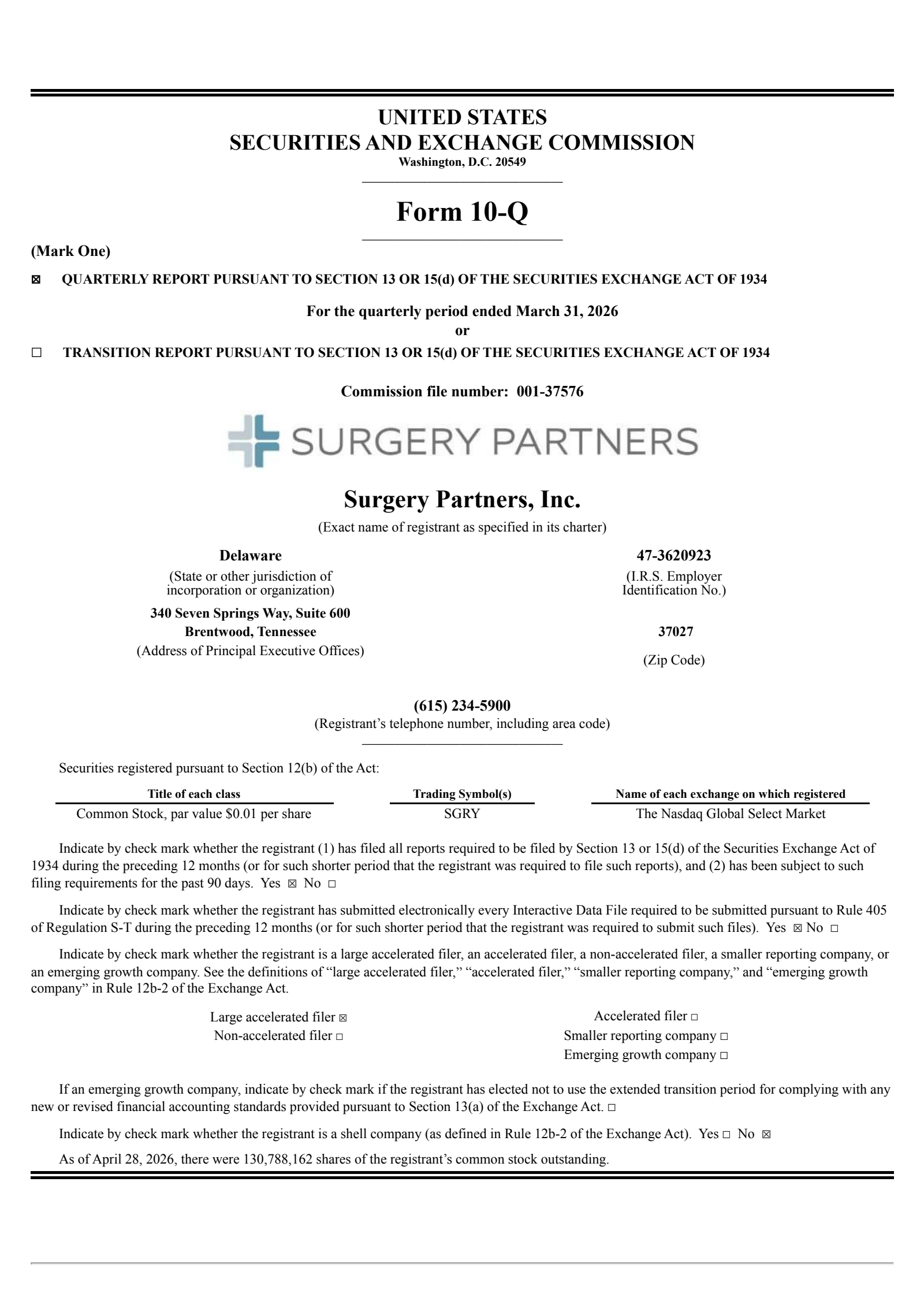 Surgery Partners' Q1 2026 Quarterly report