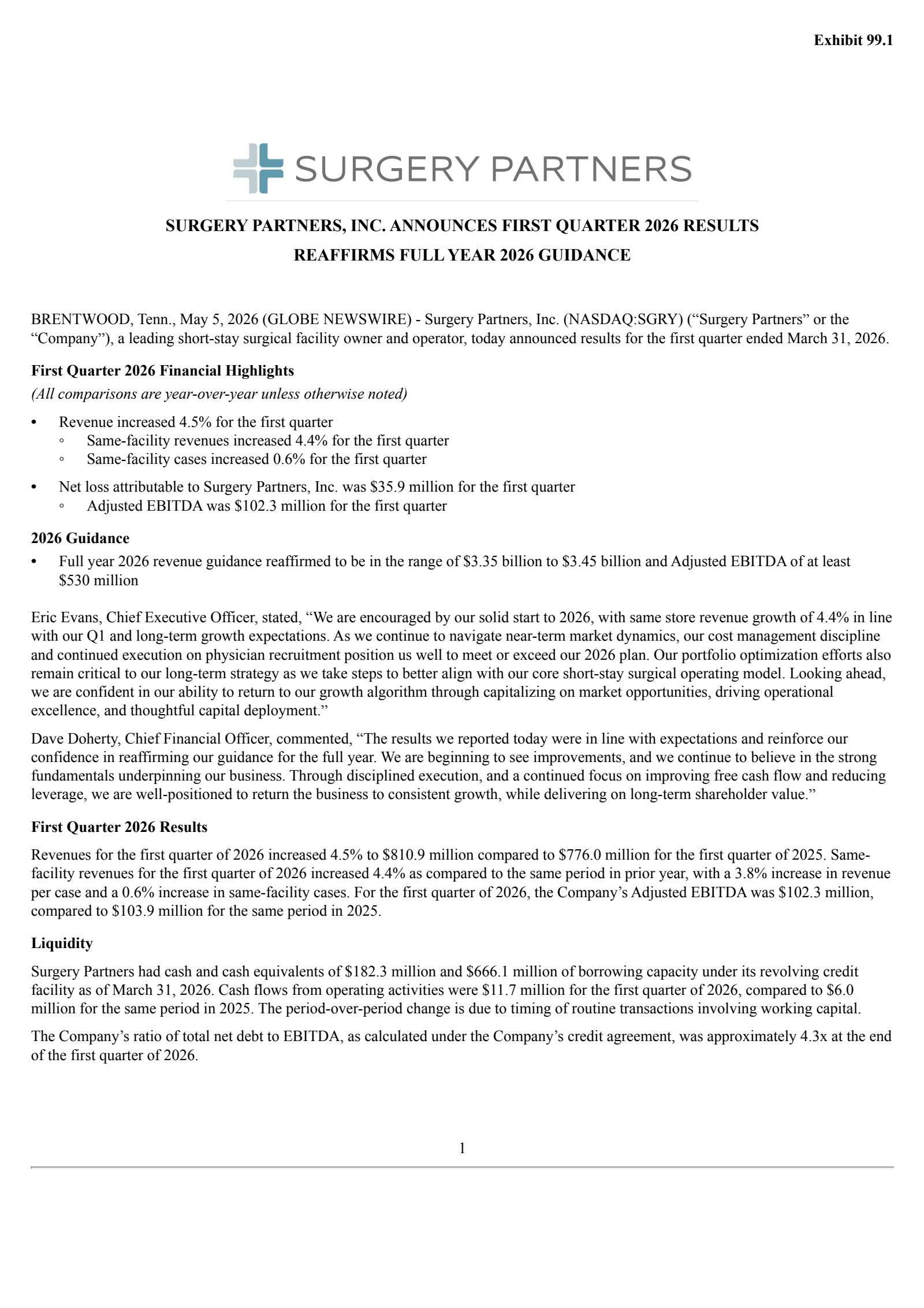 Surgery Partners' Q1 2026 Press Release