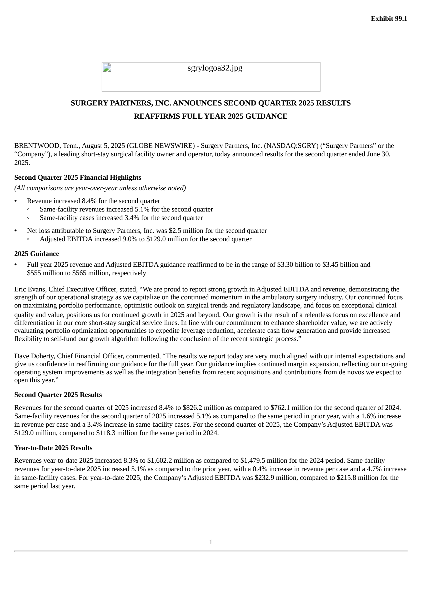Surgery Partners' Q2 2025 Press Release