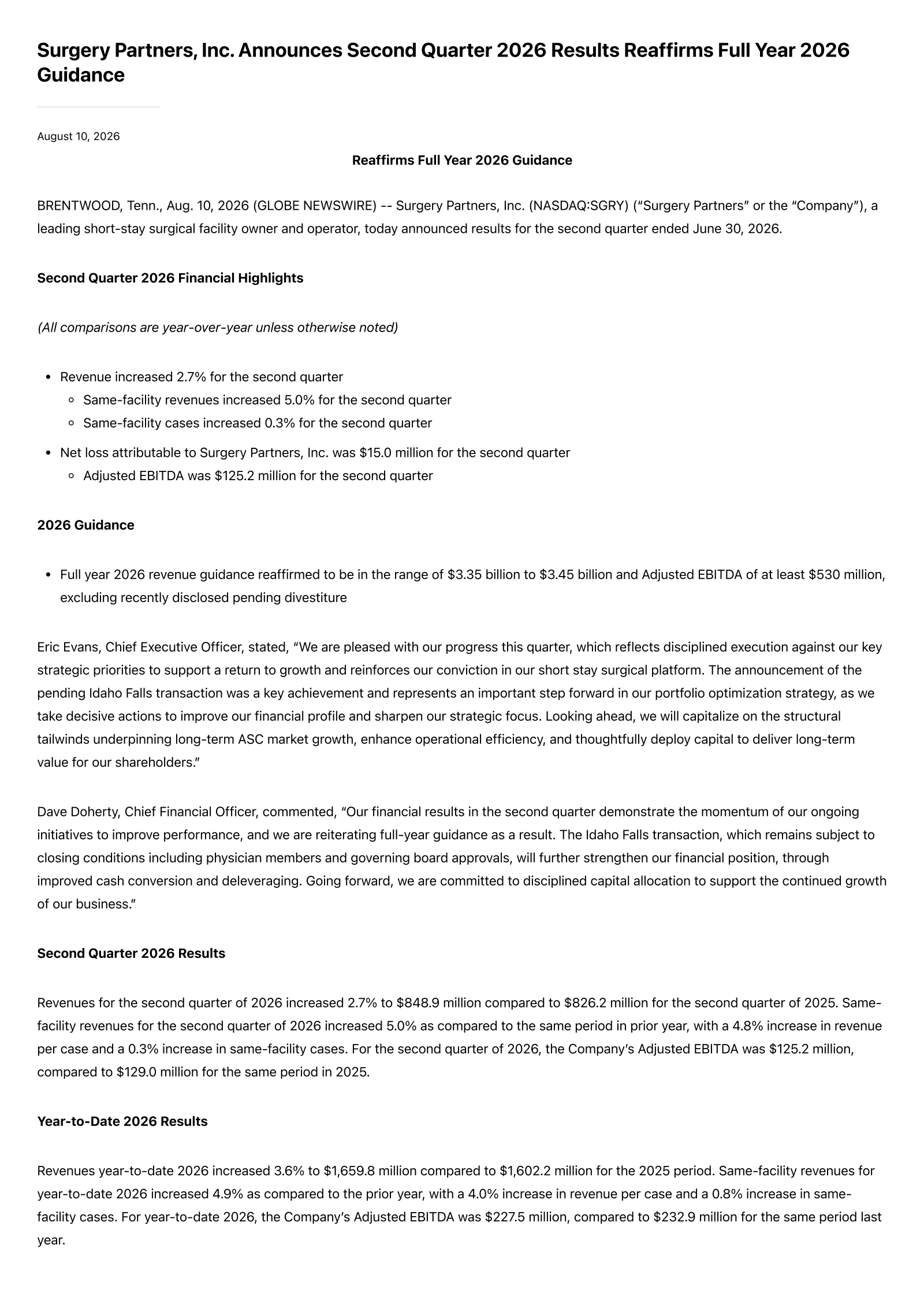Surgery Partners' Q2 2026 Press Release