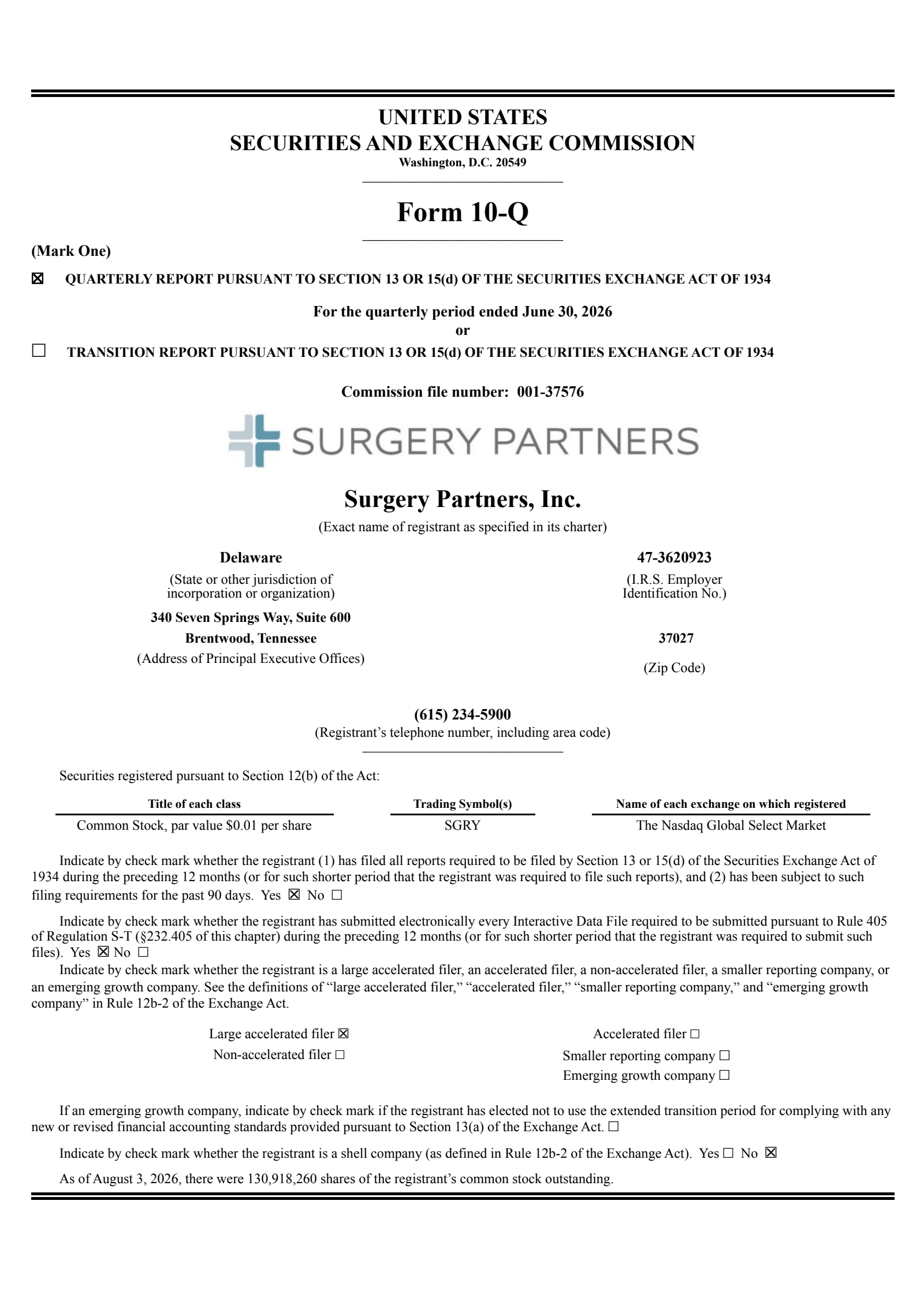 Surgery Partners' Q2 2026 Quarterly report
