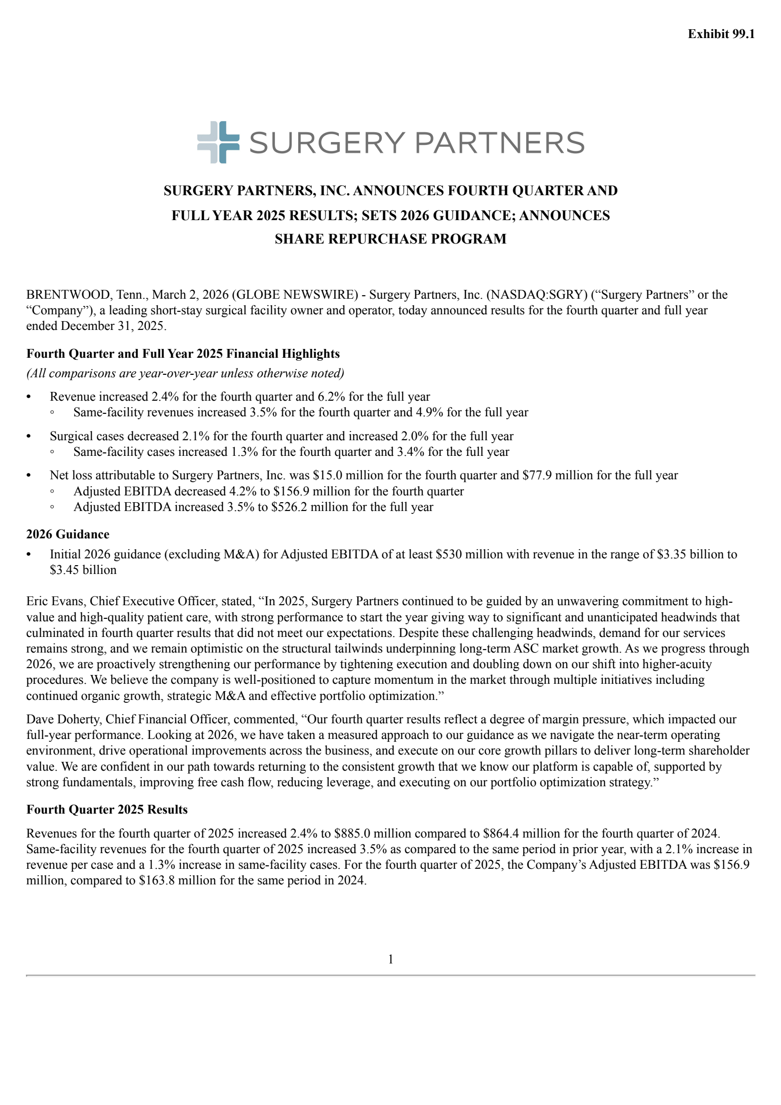 Surgery Partners' Q4 2025 Press Release