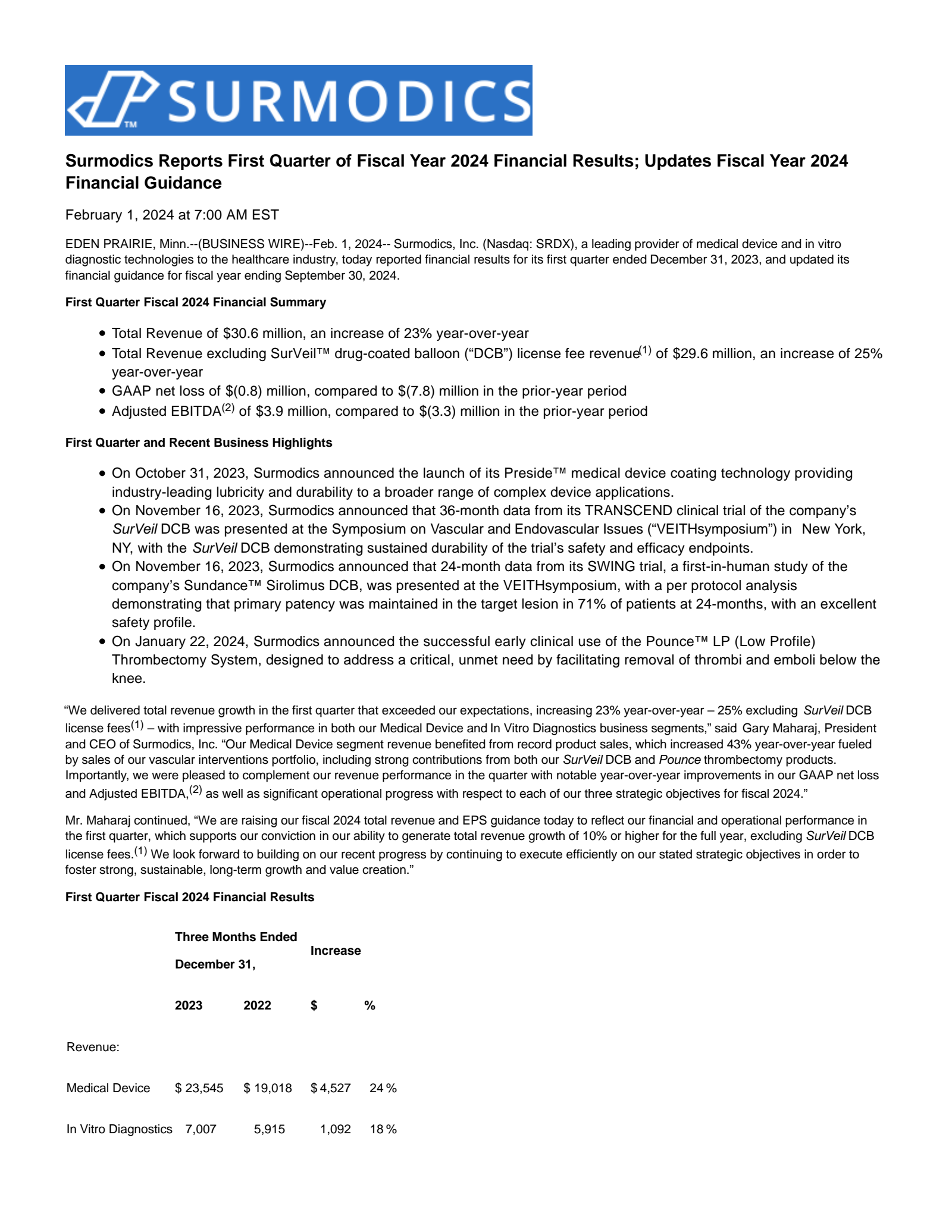 Surmodics' Q1 2024 Press Release