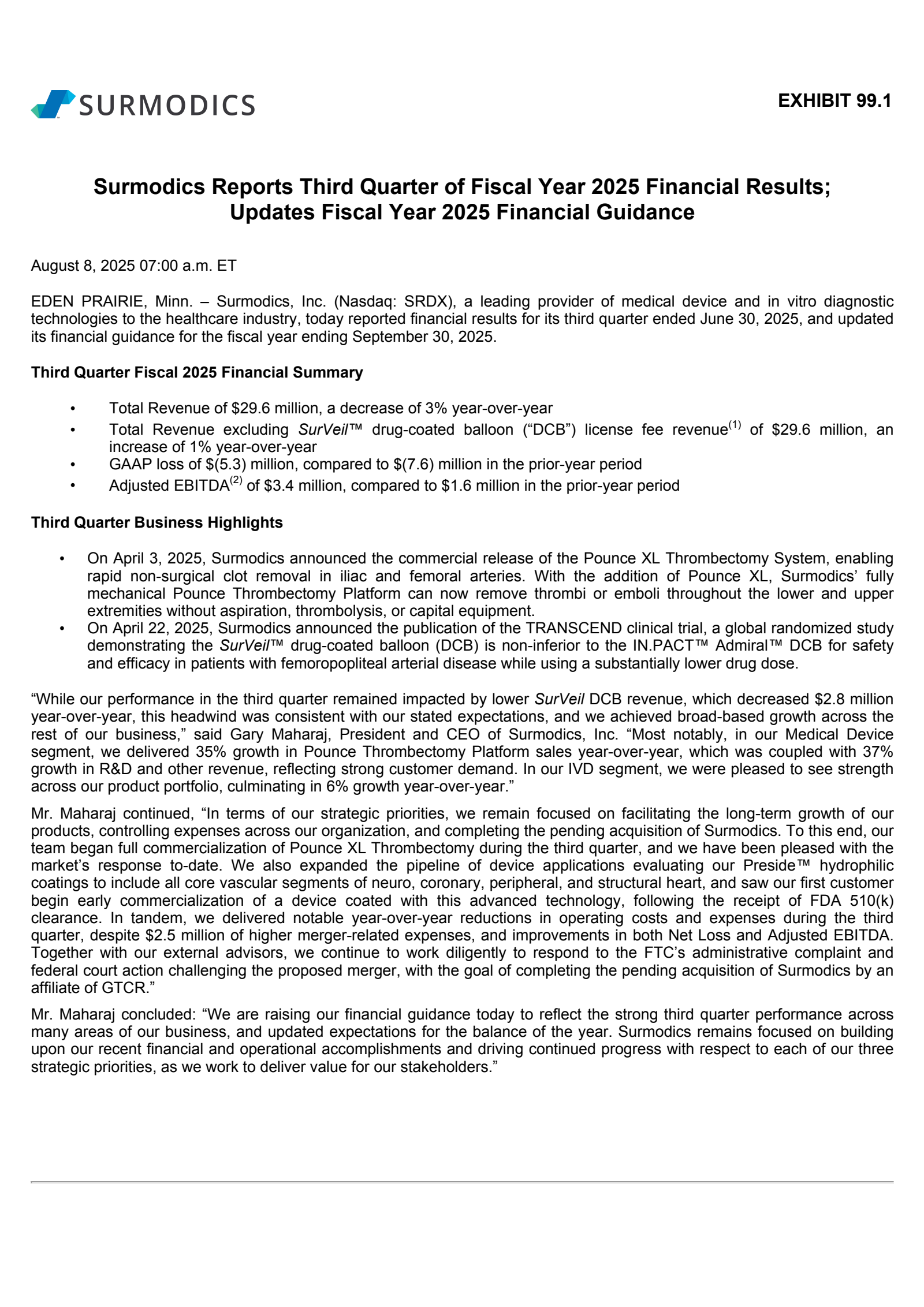 Surmodics' Q3 2025 Press Release