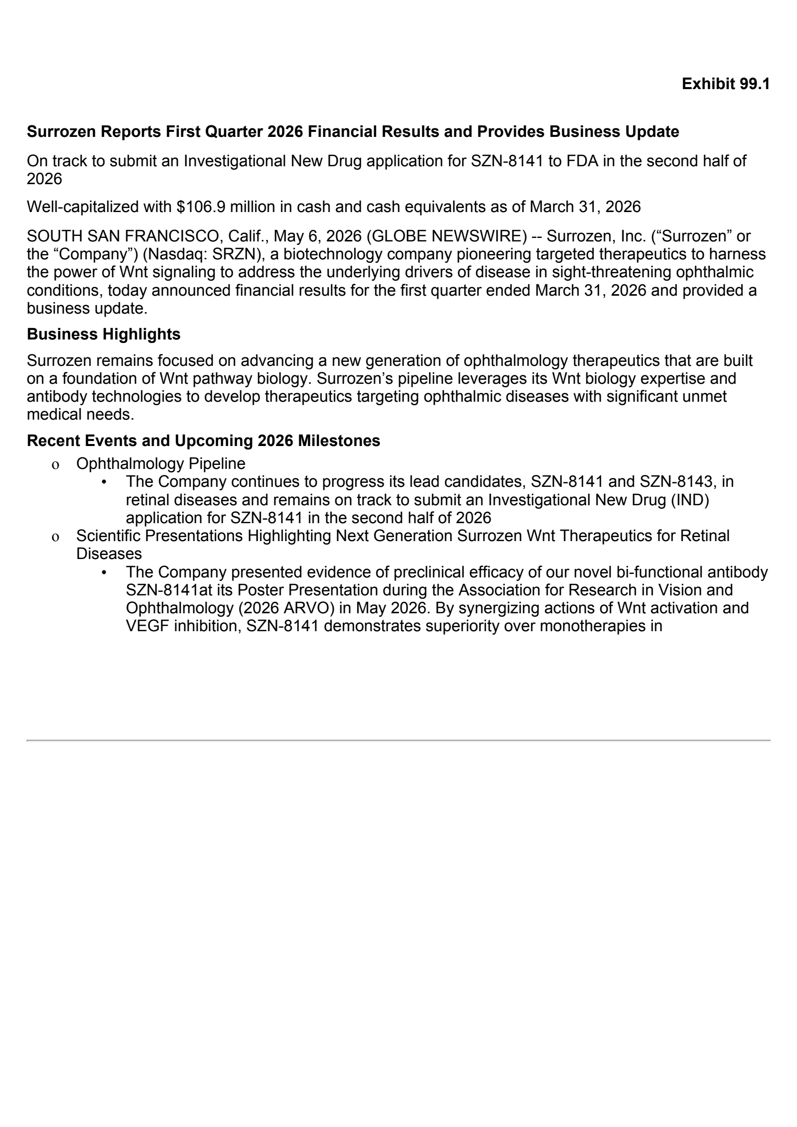 Surrozen's Q1 2026 Press Release