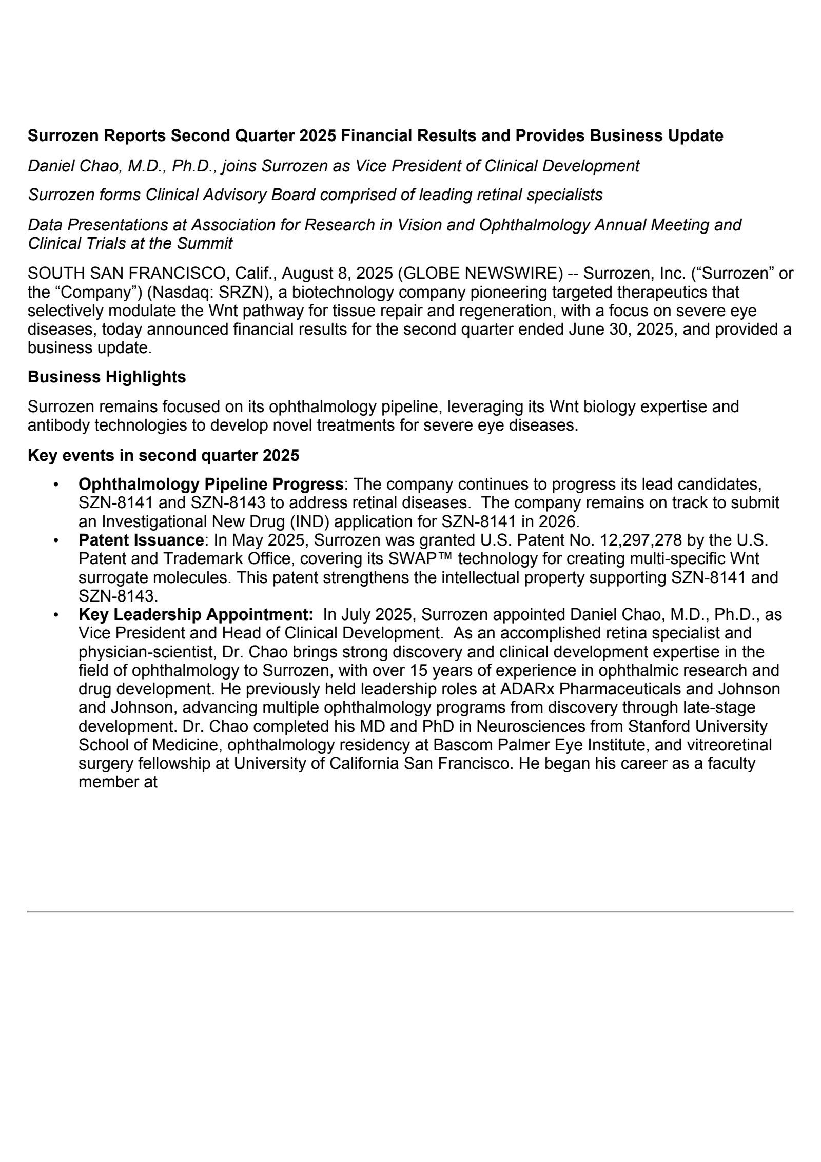 Surrozen's Q2 2025 Press Release
