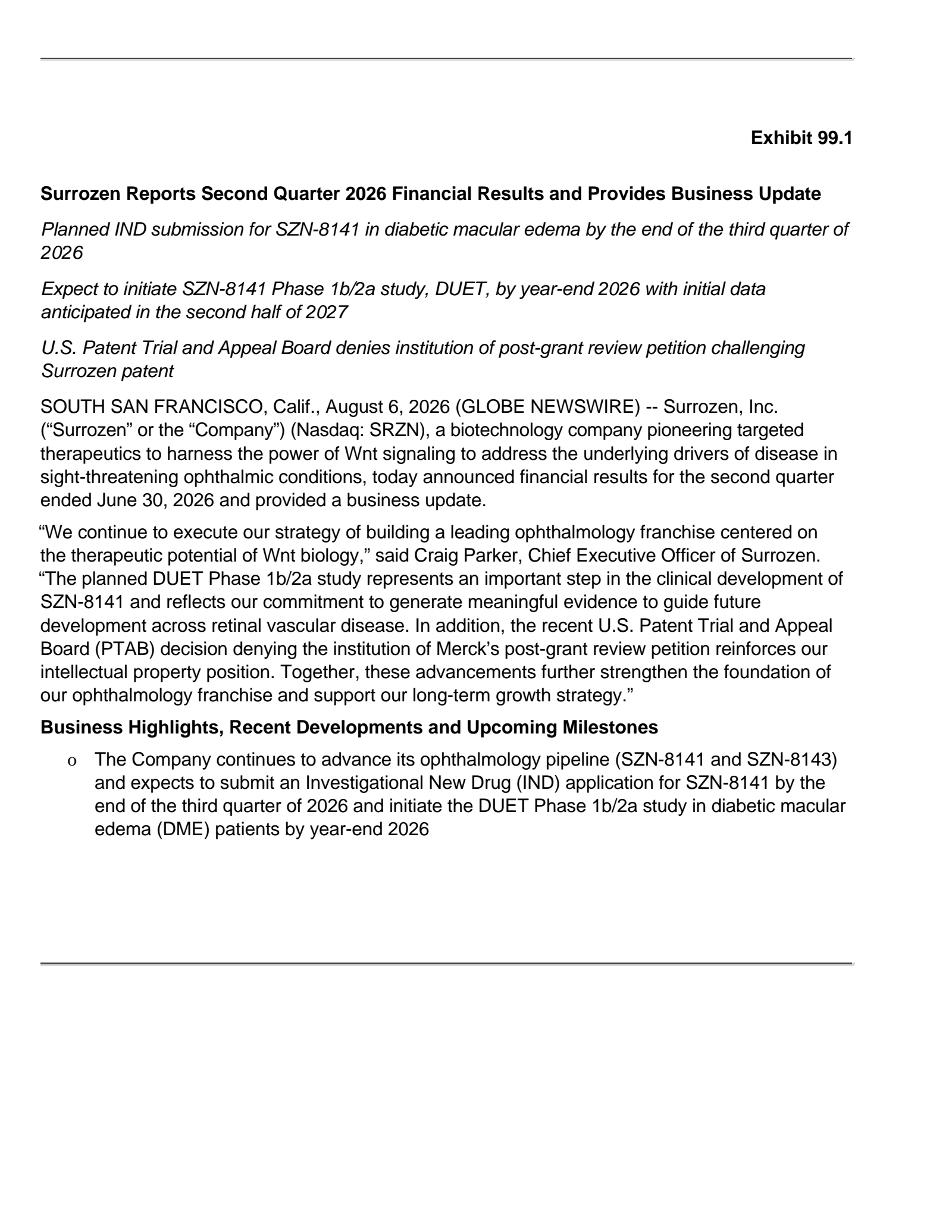 Surrozen's Q2 2026 Press Release