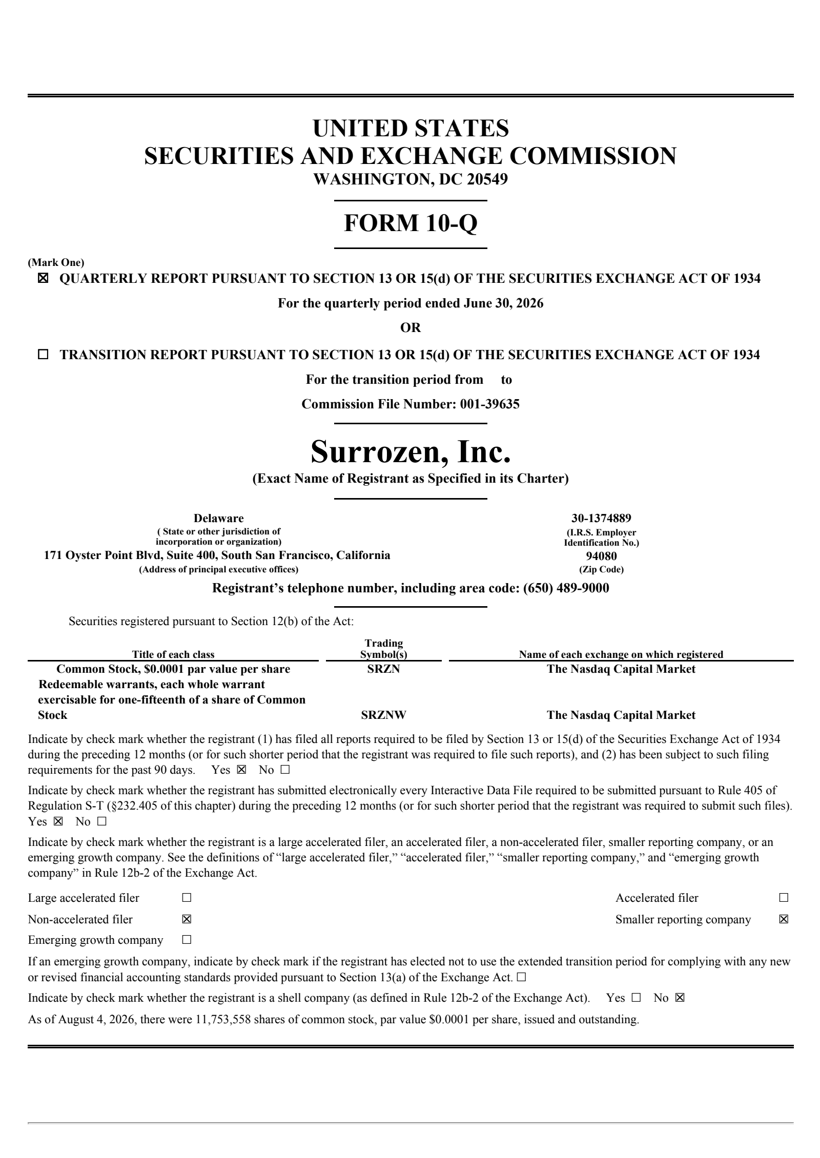 Surrozen's Q2 2026 Quarterly report