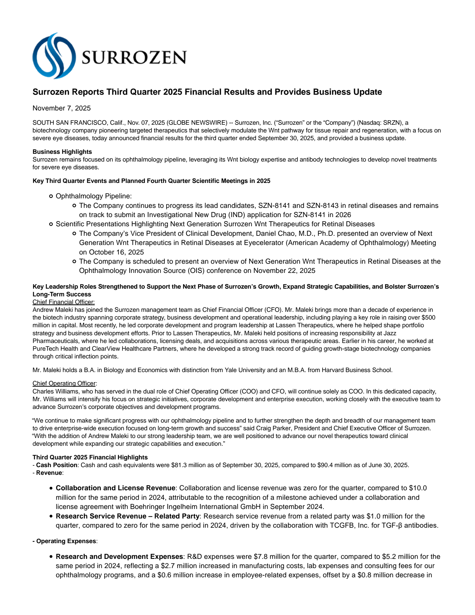 Surrozen's Q3 2025 Earnings Release