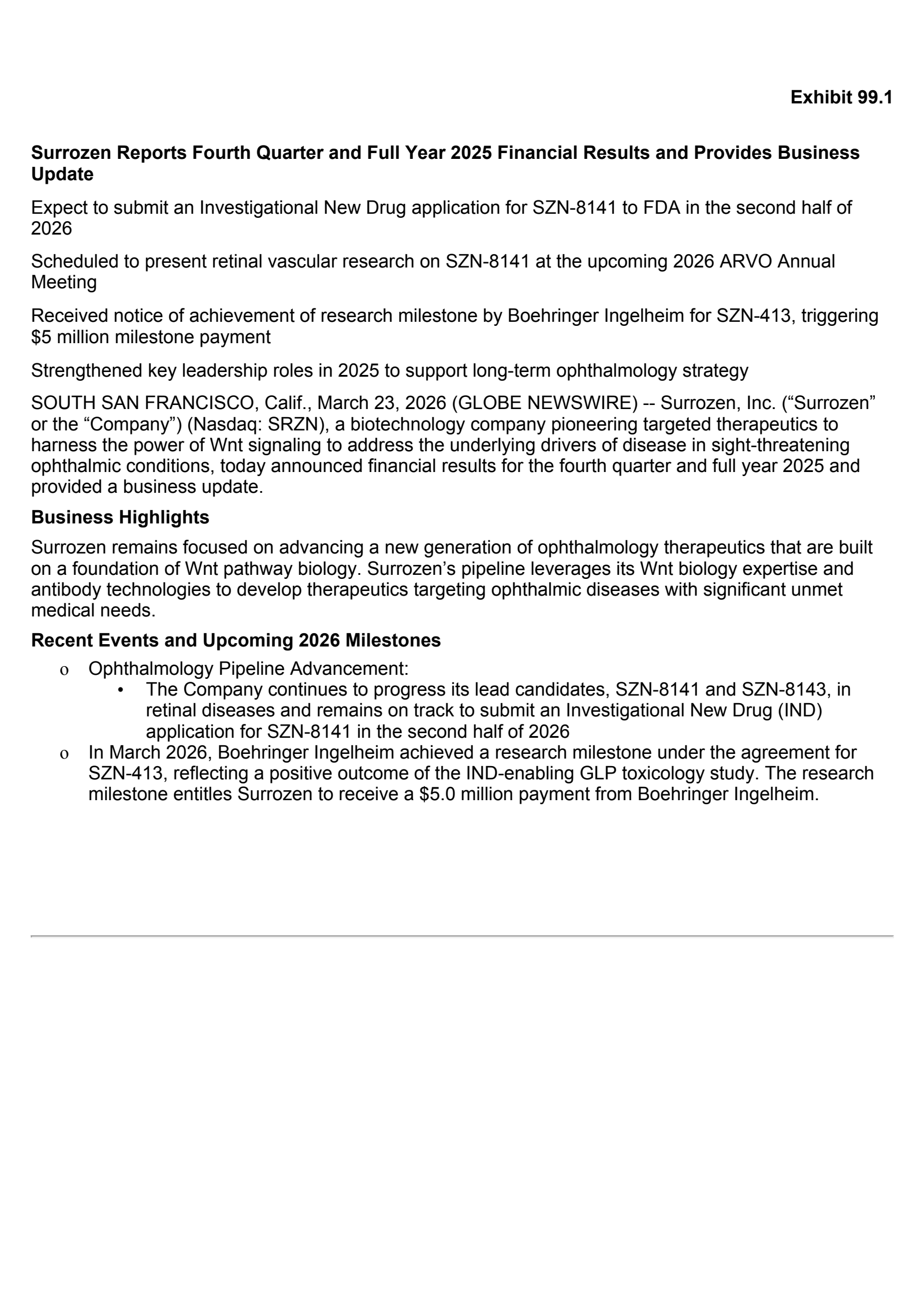 Surrozen's Q4 2025 Press Release