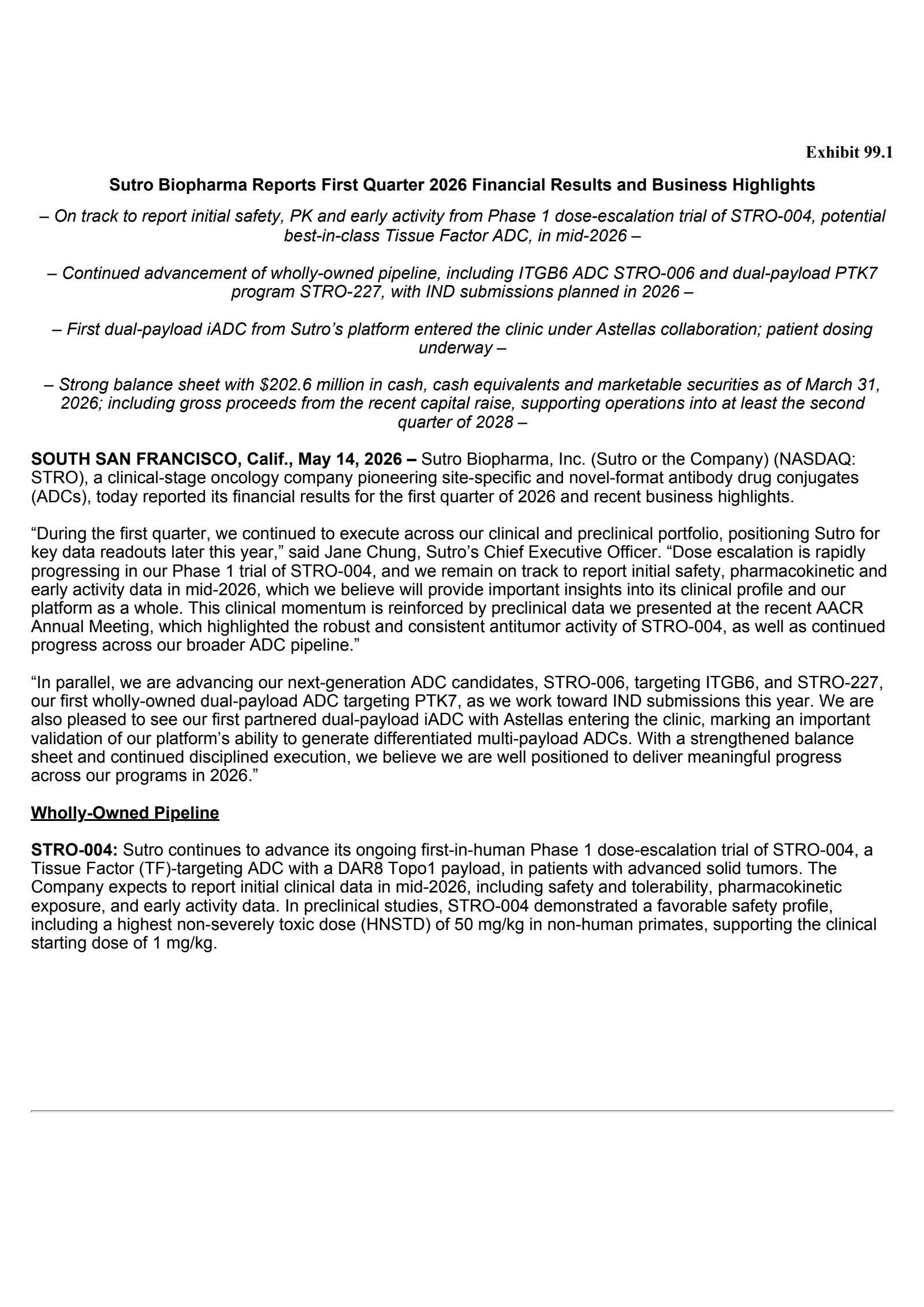 Sutro Biopharma's Q1 2026 Press Release