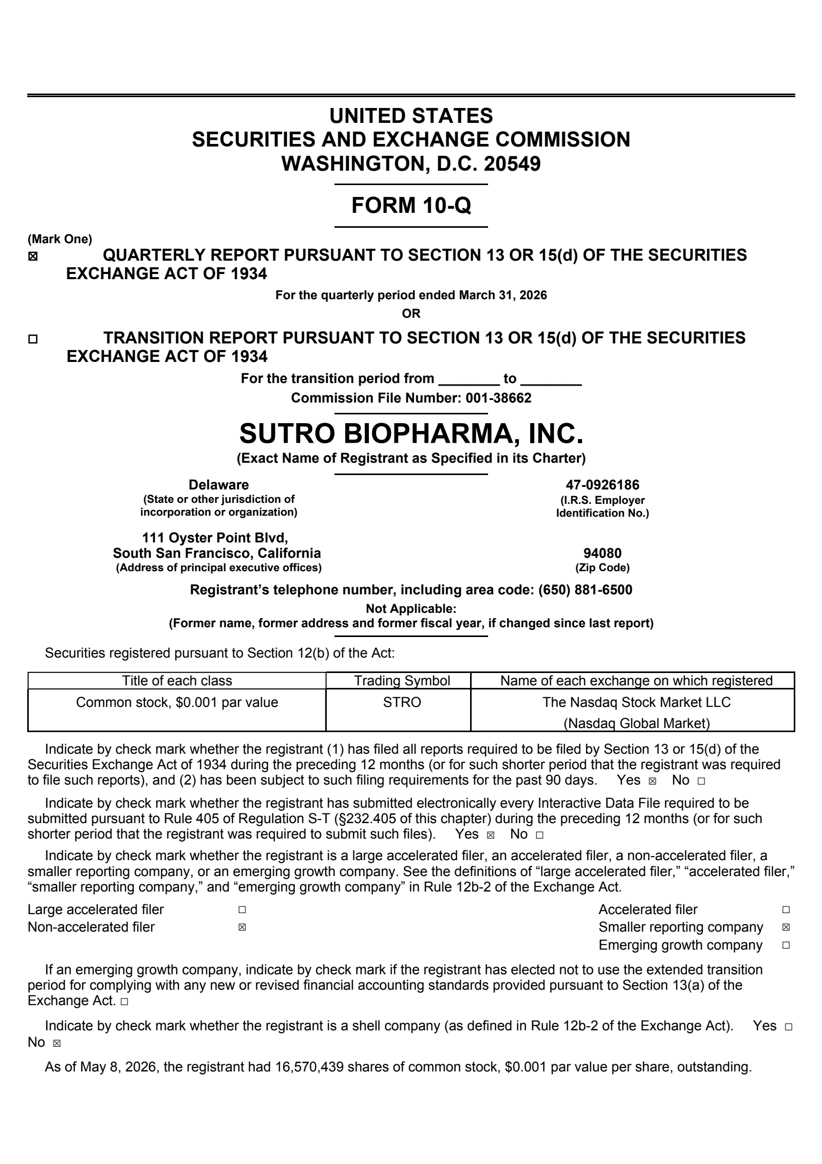 Sutro Biopharma's Q1 2026 Quarterly report