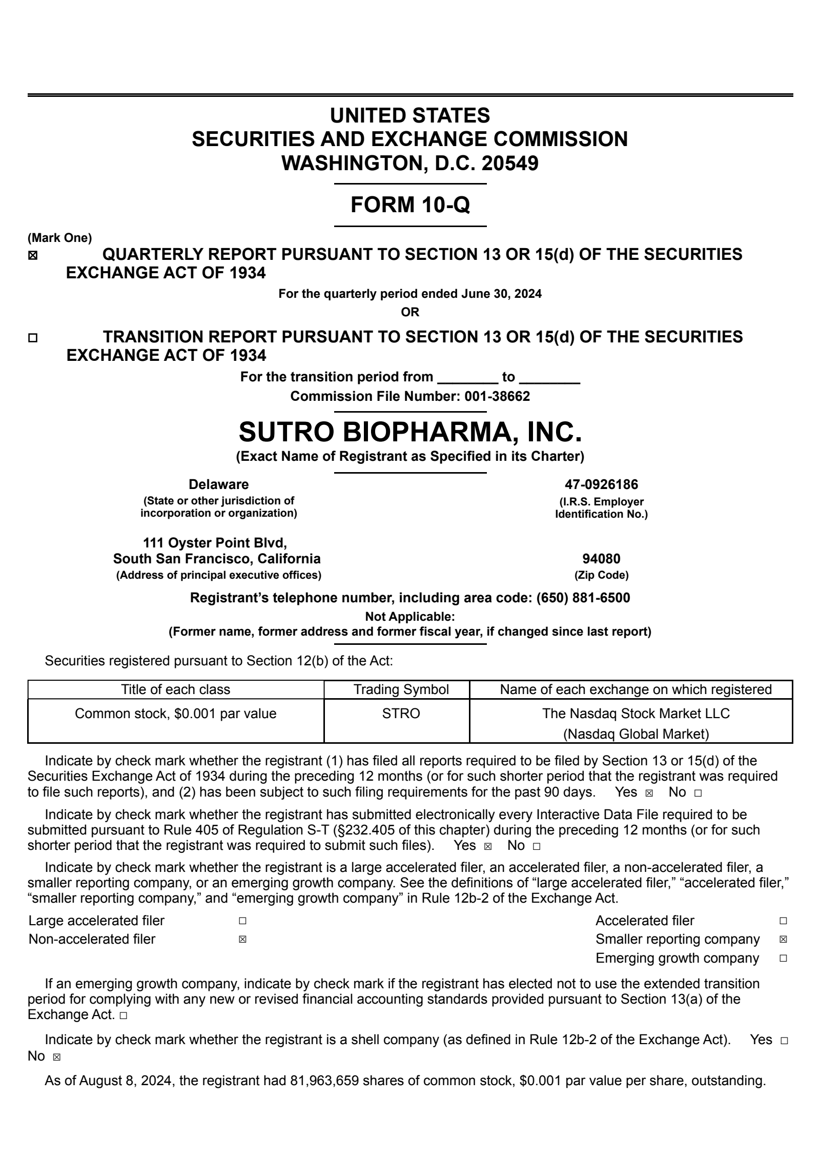 Sutro Biopharma's Q2 2024 Quarterly report