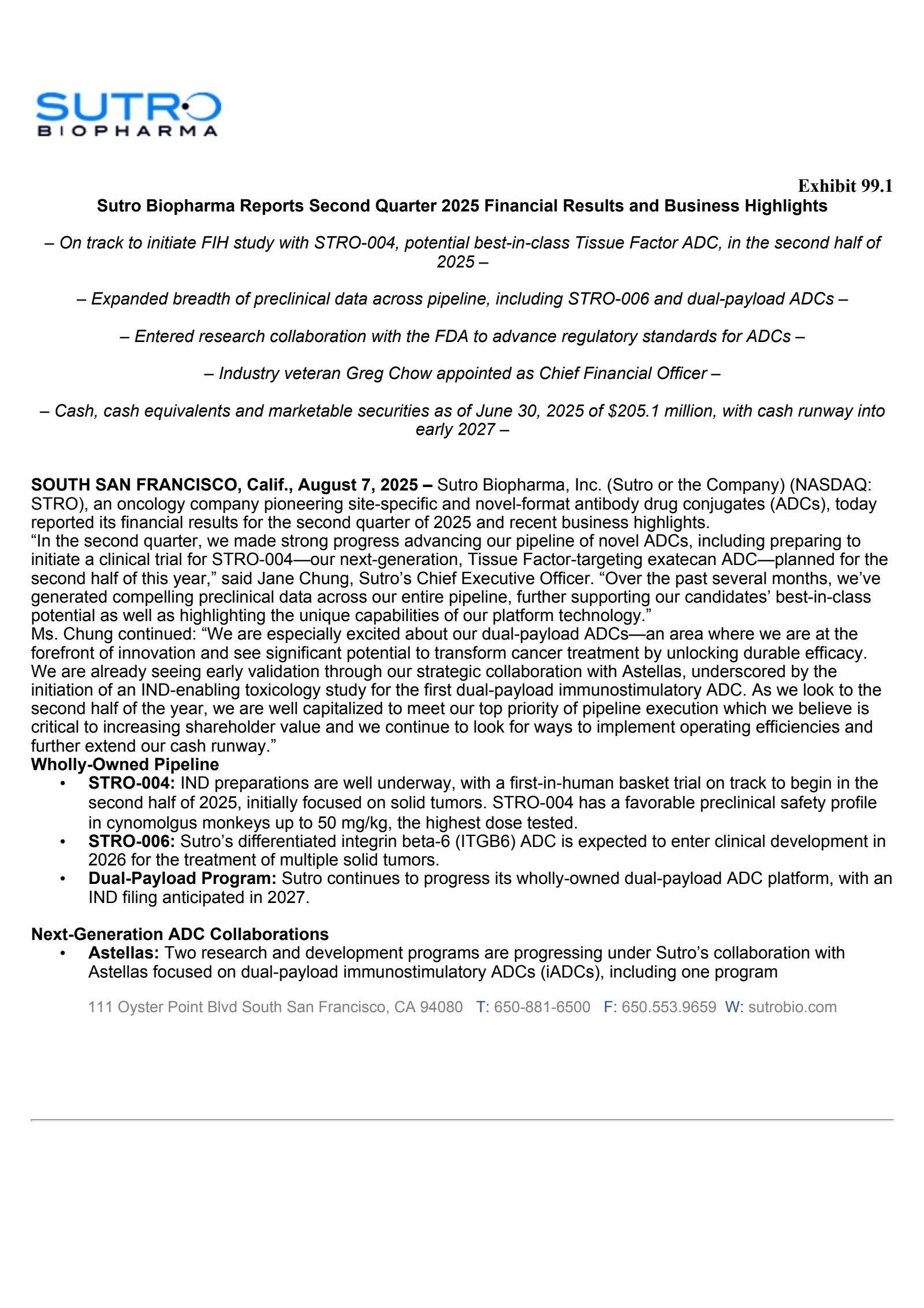 Sutro Biopharma's Q2 2025 Press Release