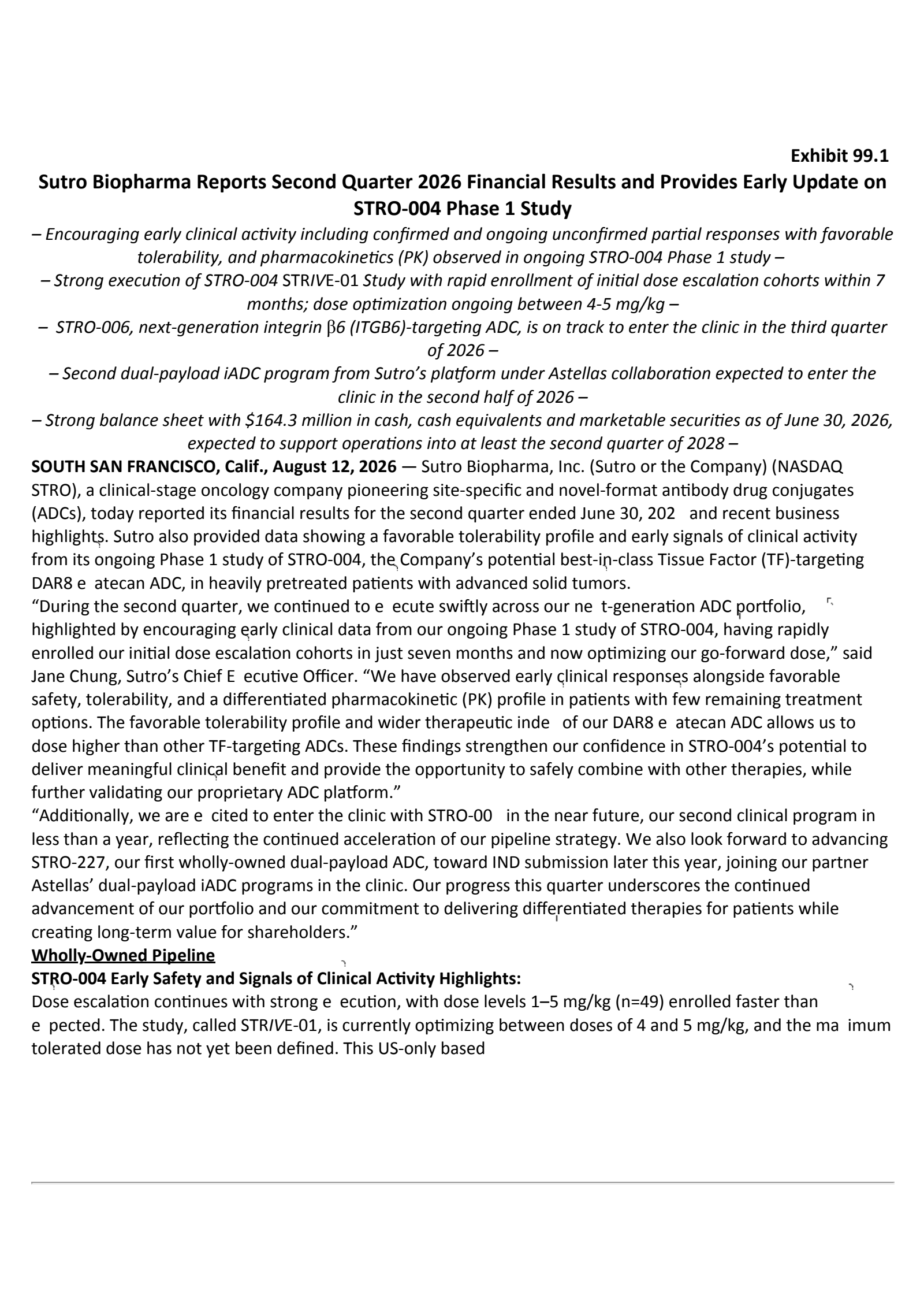 Sutro Biopharma's Q2 2026 Press Release