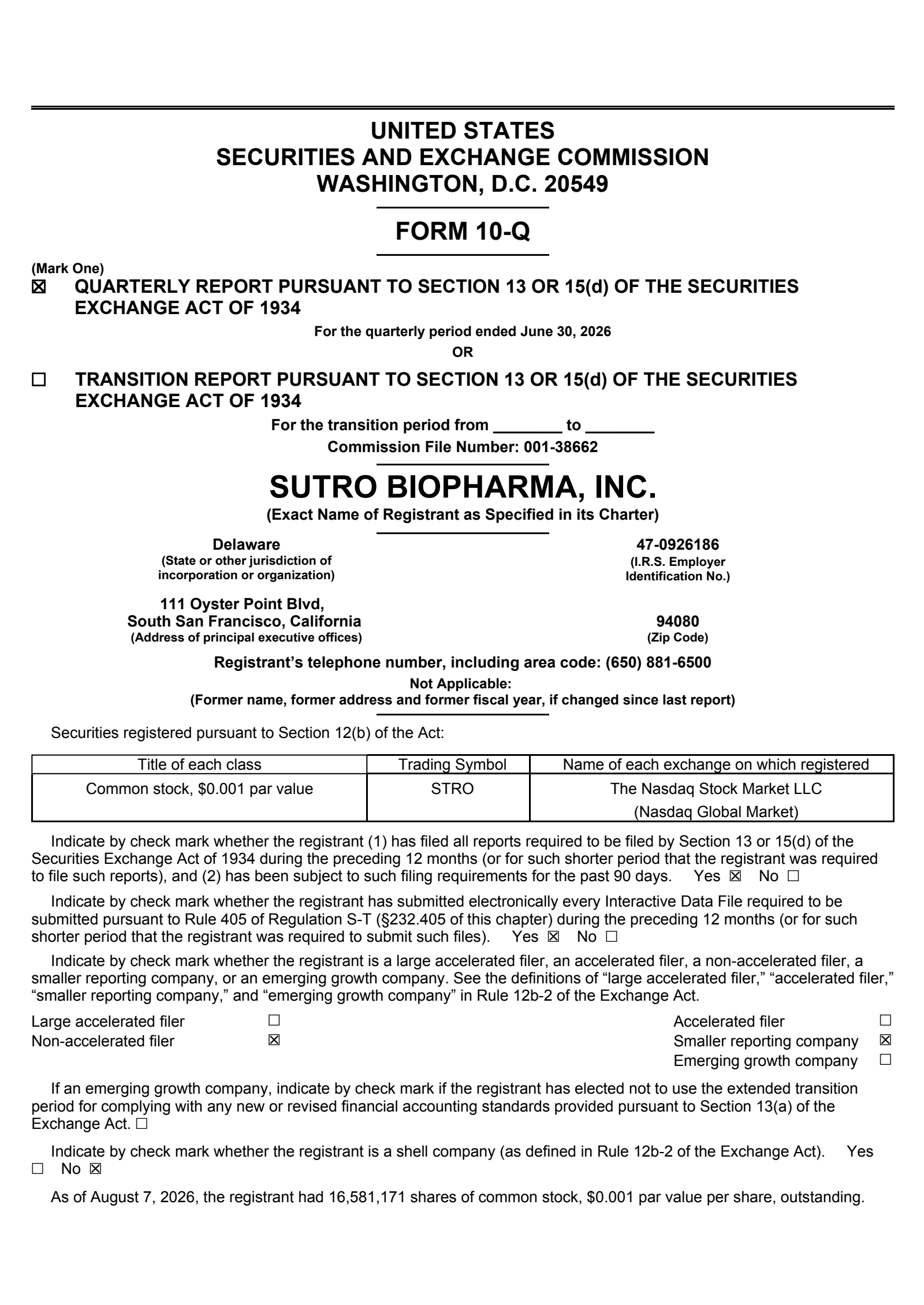 Sutro Biopharma's Q2 2026 Quarterly report