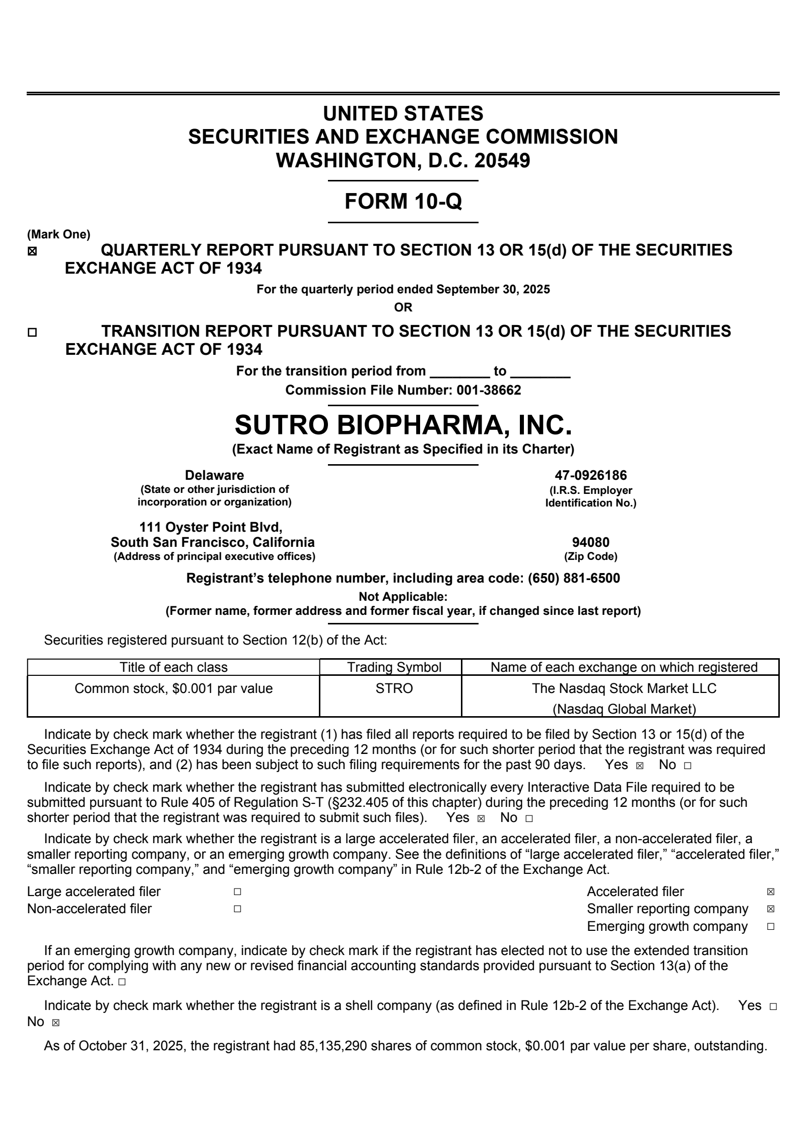 Sutro Biopharma's Q3 2025 Quarterly Report