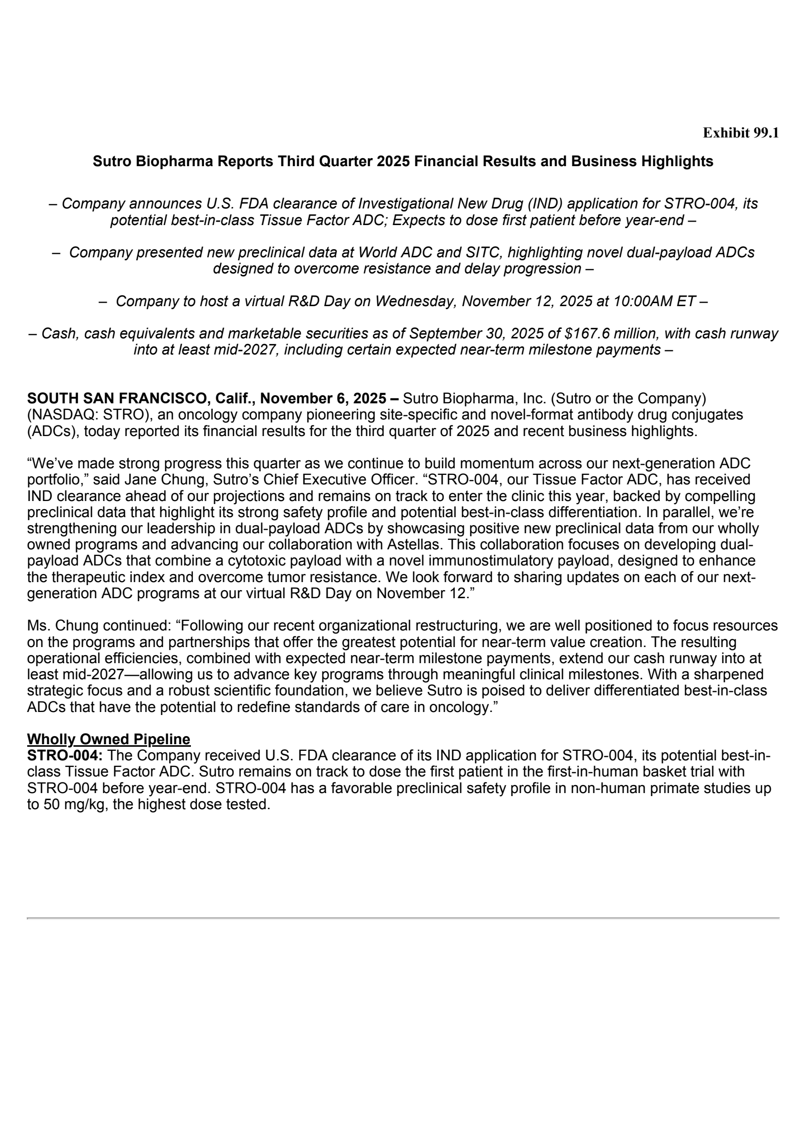Sutro Biopharma's Q3 2025 Earnings Release