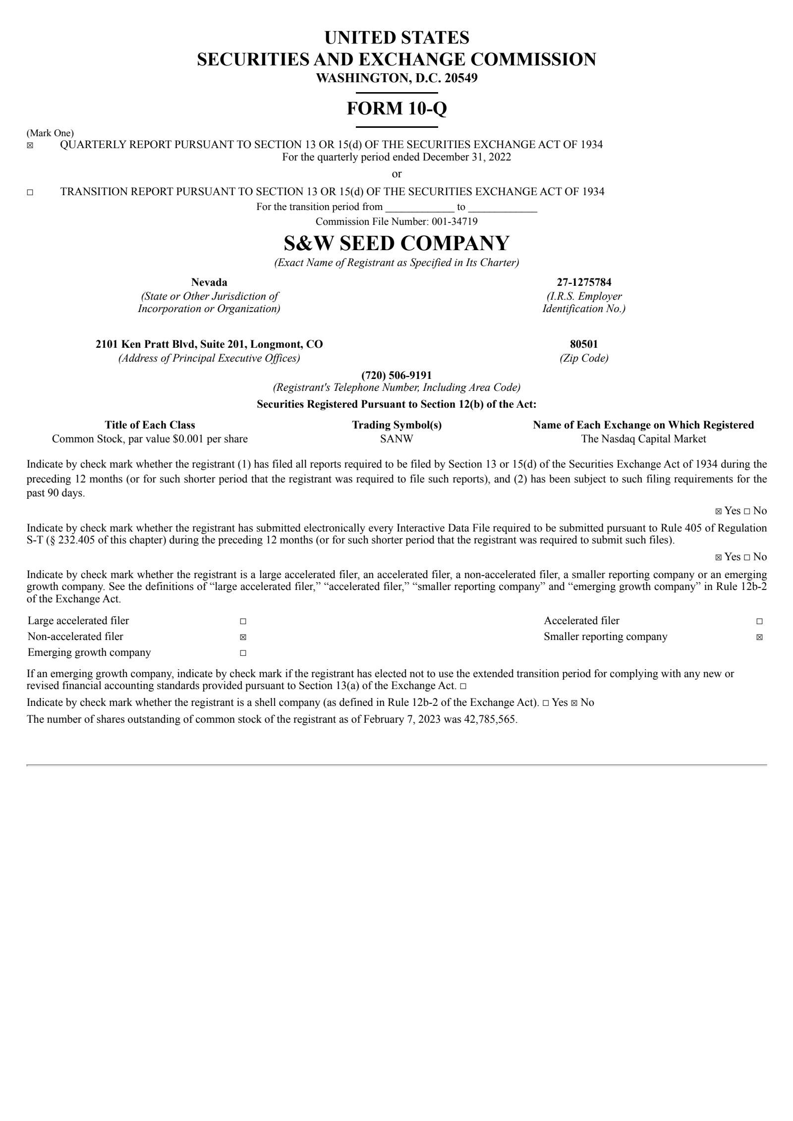 S&W Seed's Q2 2023 Quarterly report