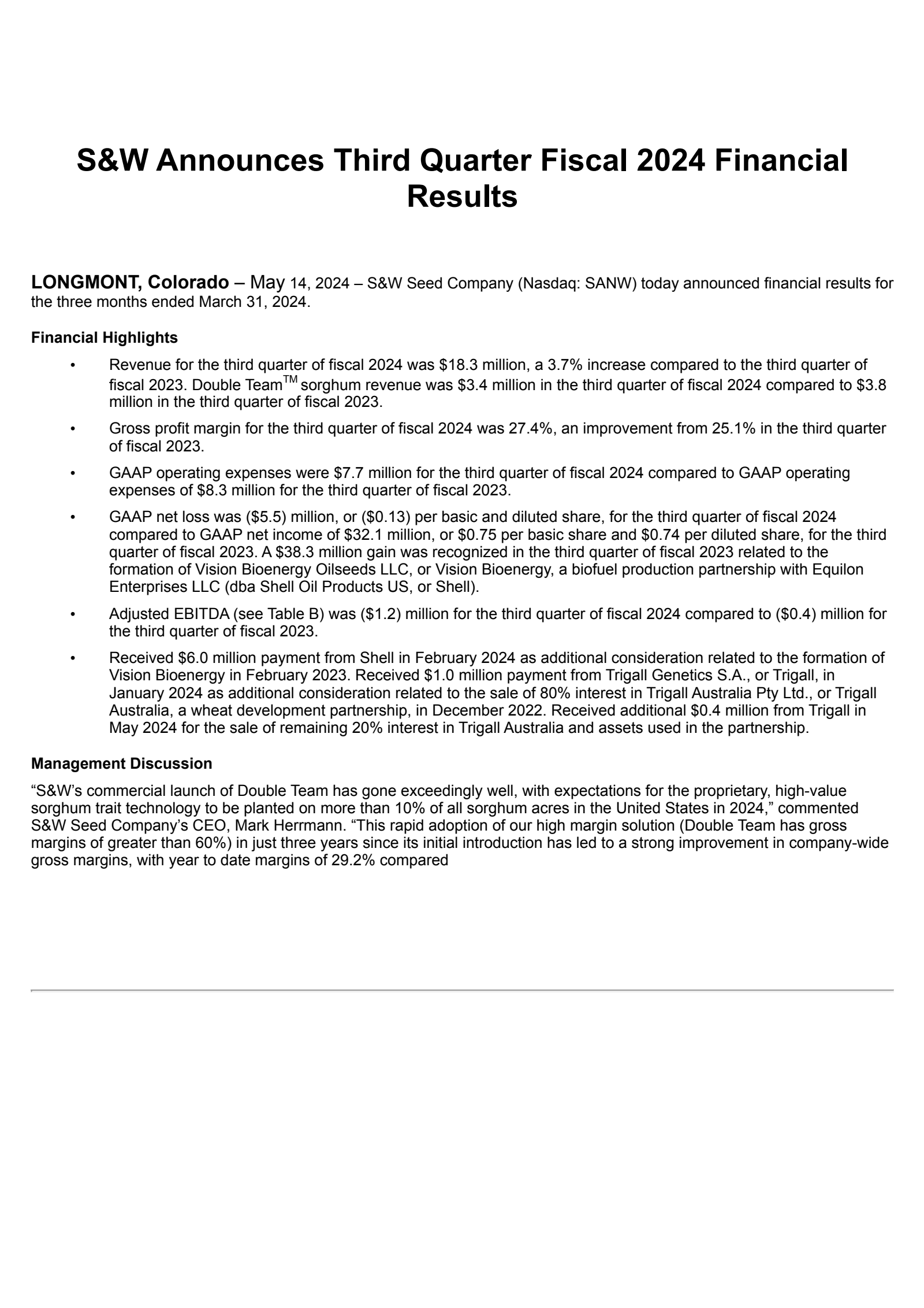 S&W Seed's Q3 2024 Press Release