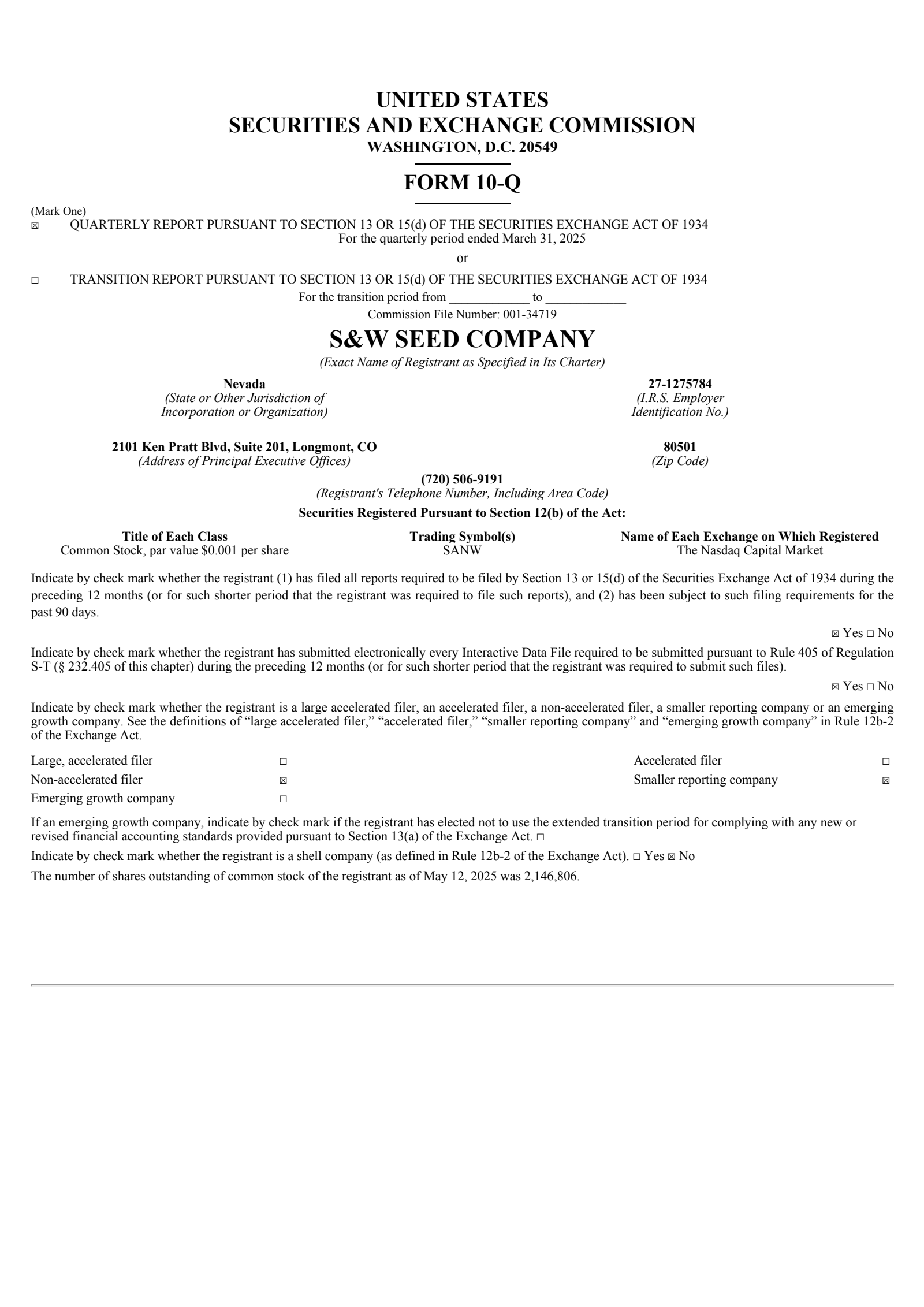 S&W Seed's Q3 2025 Quarterly report
