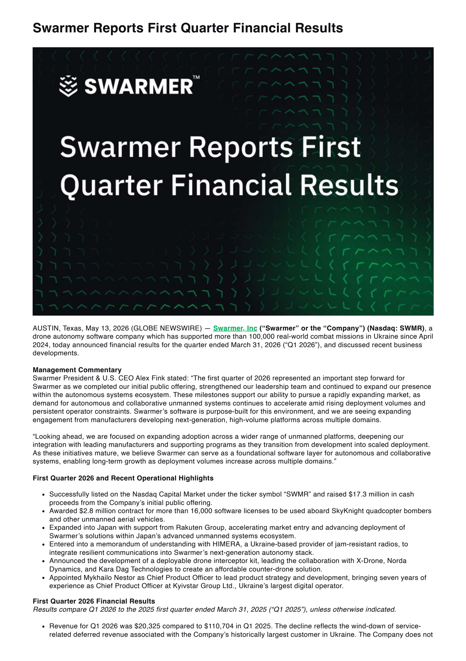 Swarmer's Q1 2026 Press Release