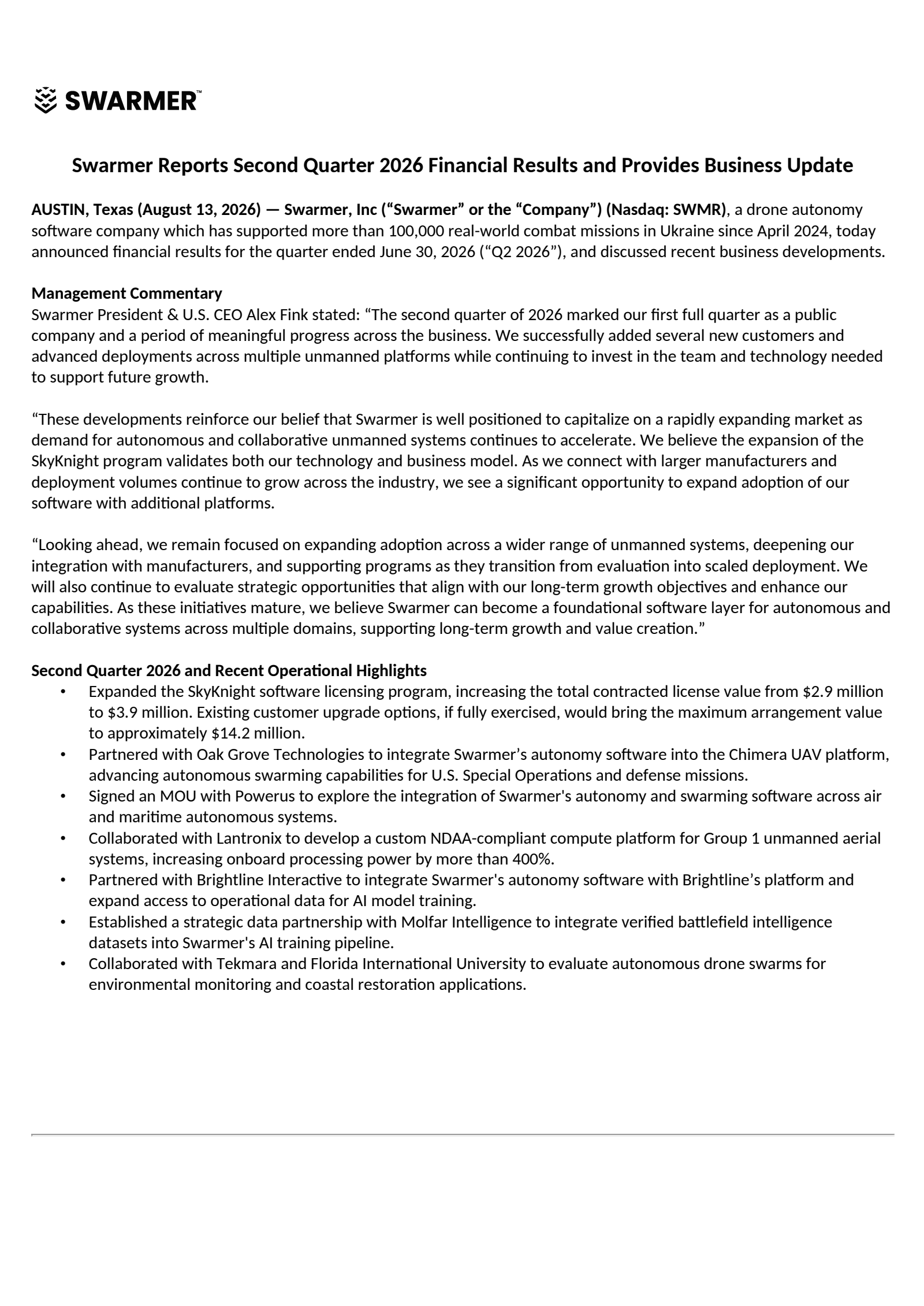 Swarmer's Q2 2026 Press Release