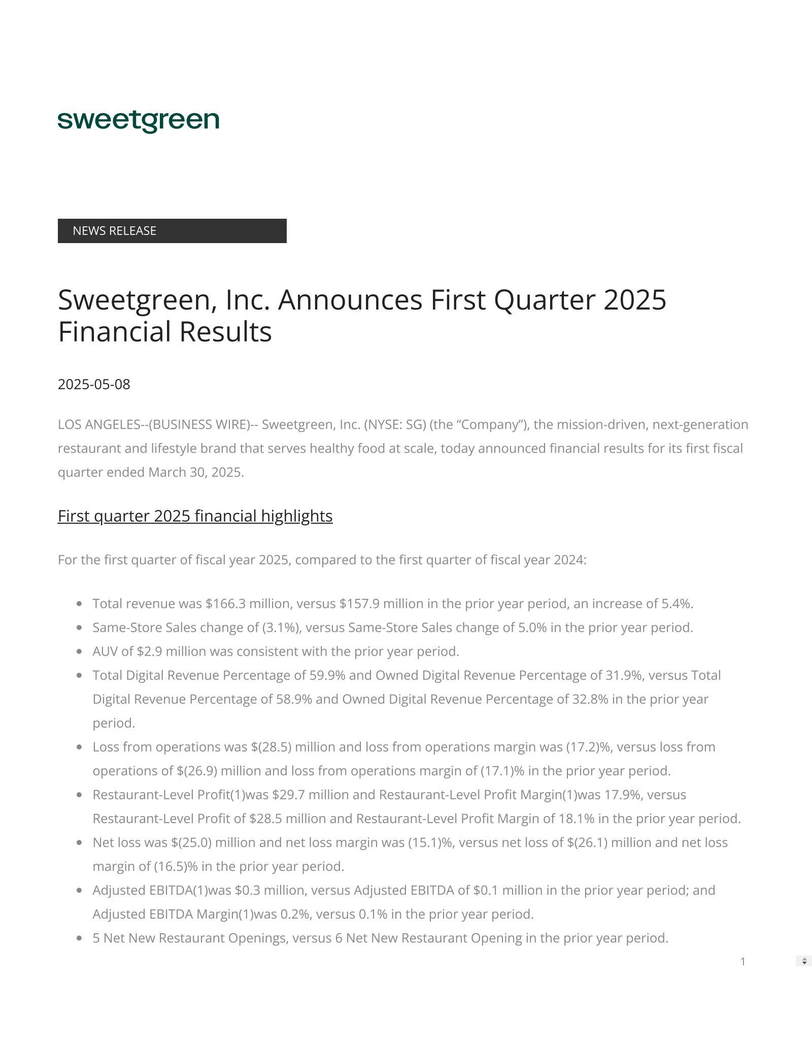 Sweetgreen's Q1 2025 Press Release
