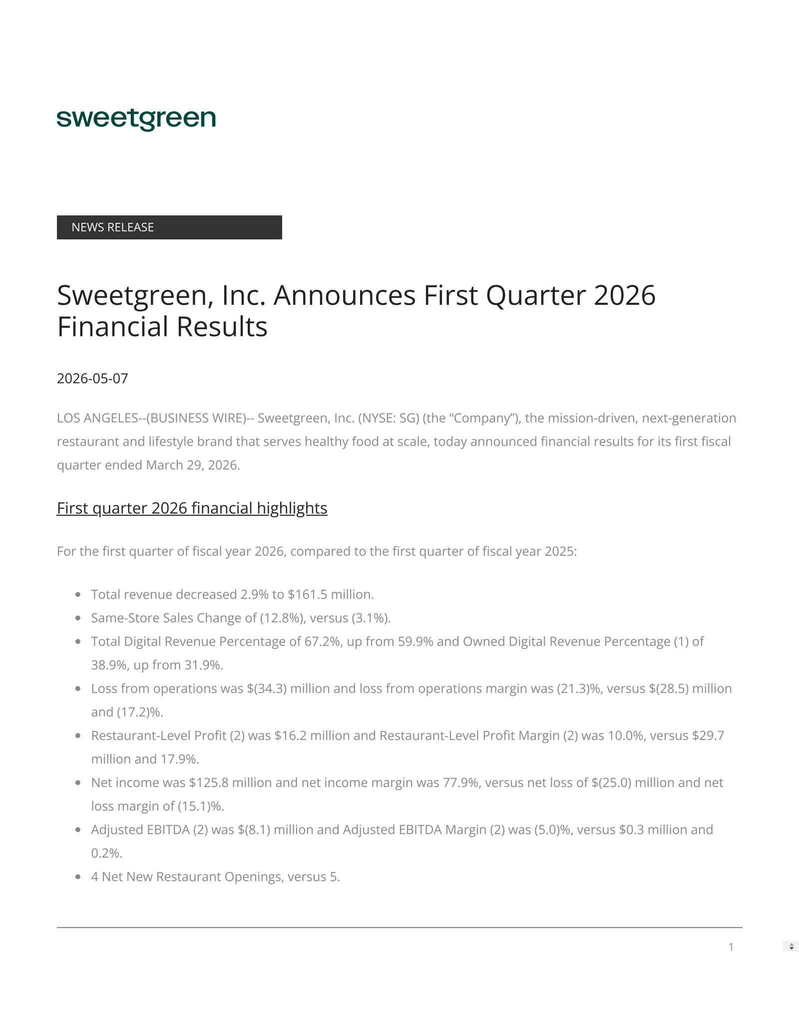 Sweetgreen's Q1 2026 Press Release