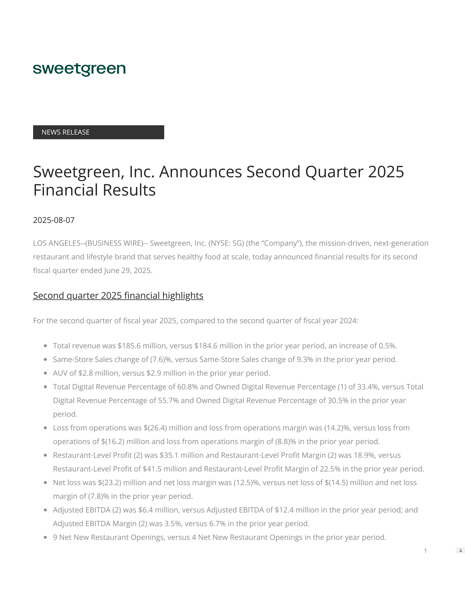 Sweetgreen's Q2 2025 Press Release