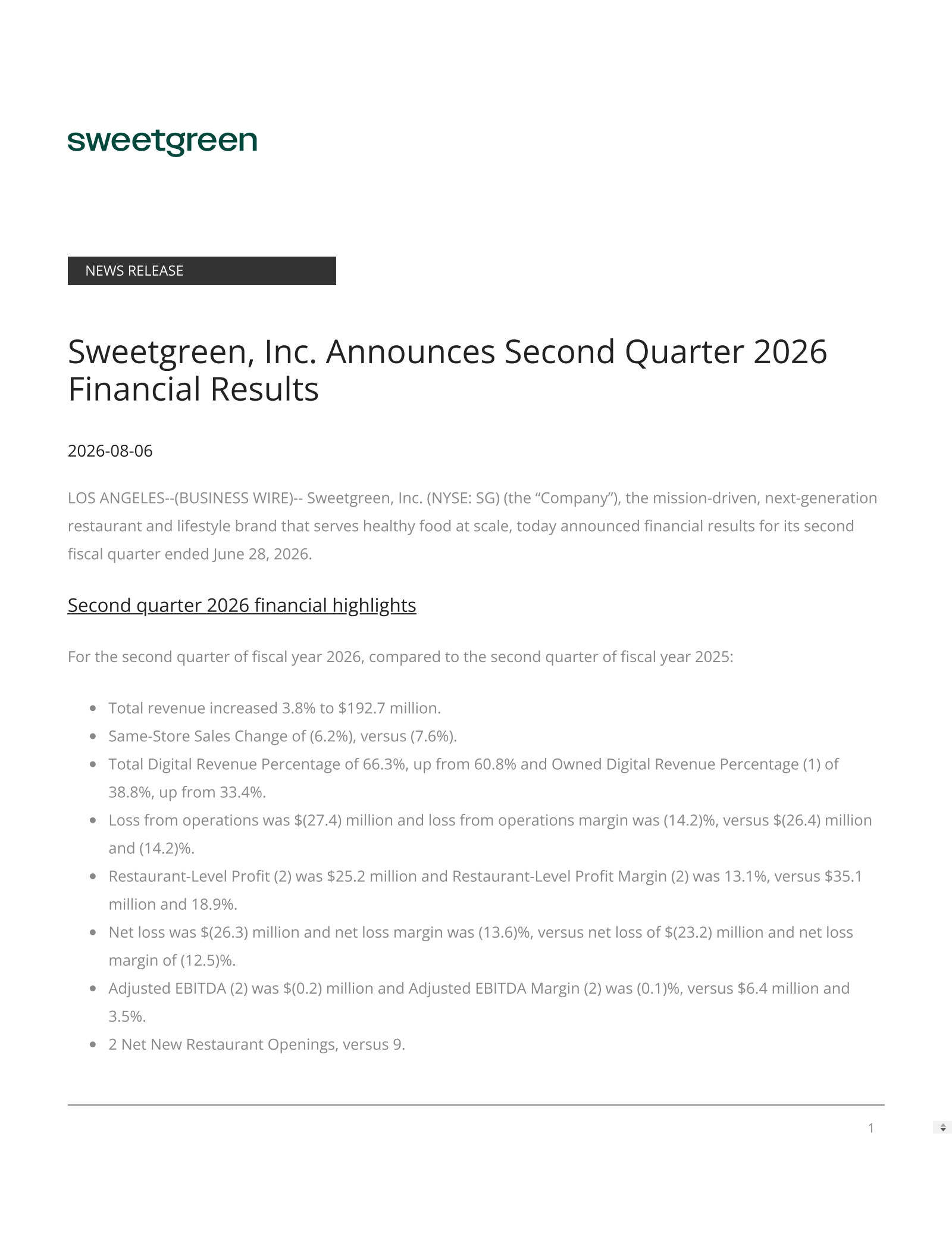 Sweetgreen's Q2 2026 Press Release