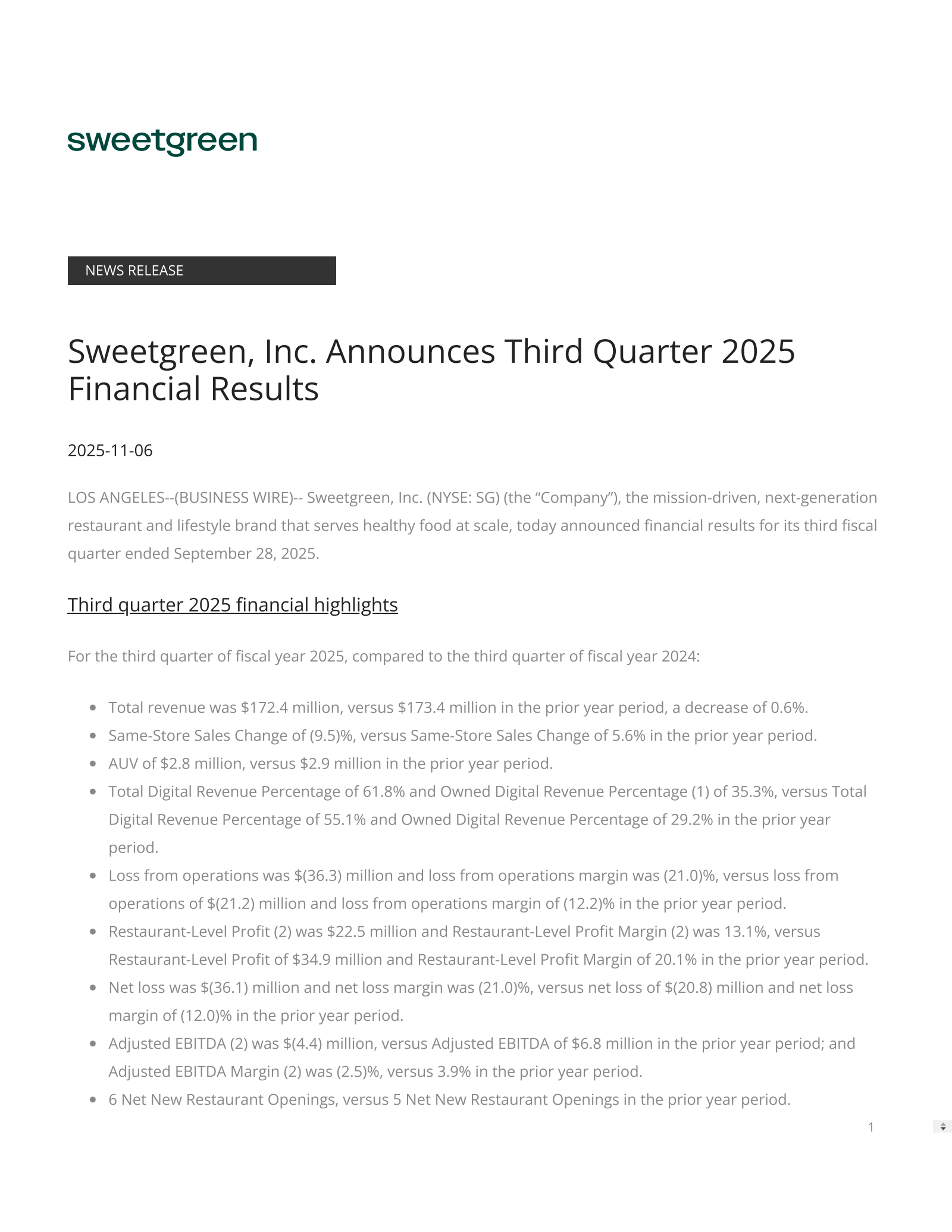 Sweetgreen's Q3 2025 Earnings Release